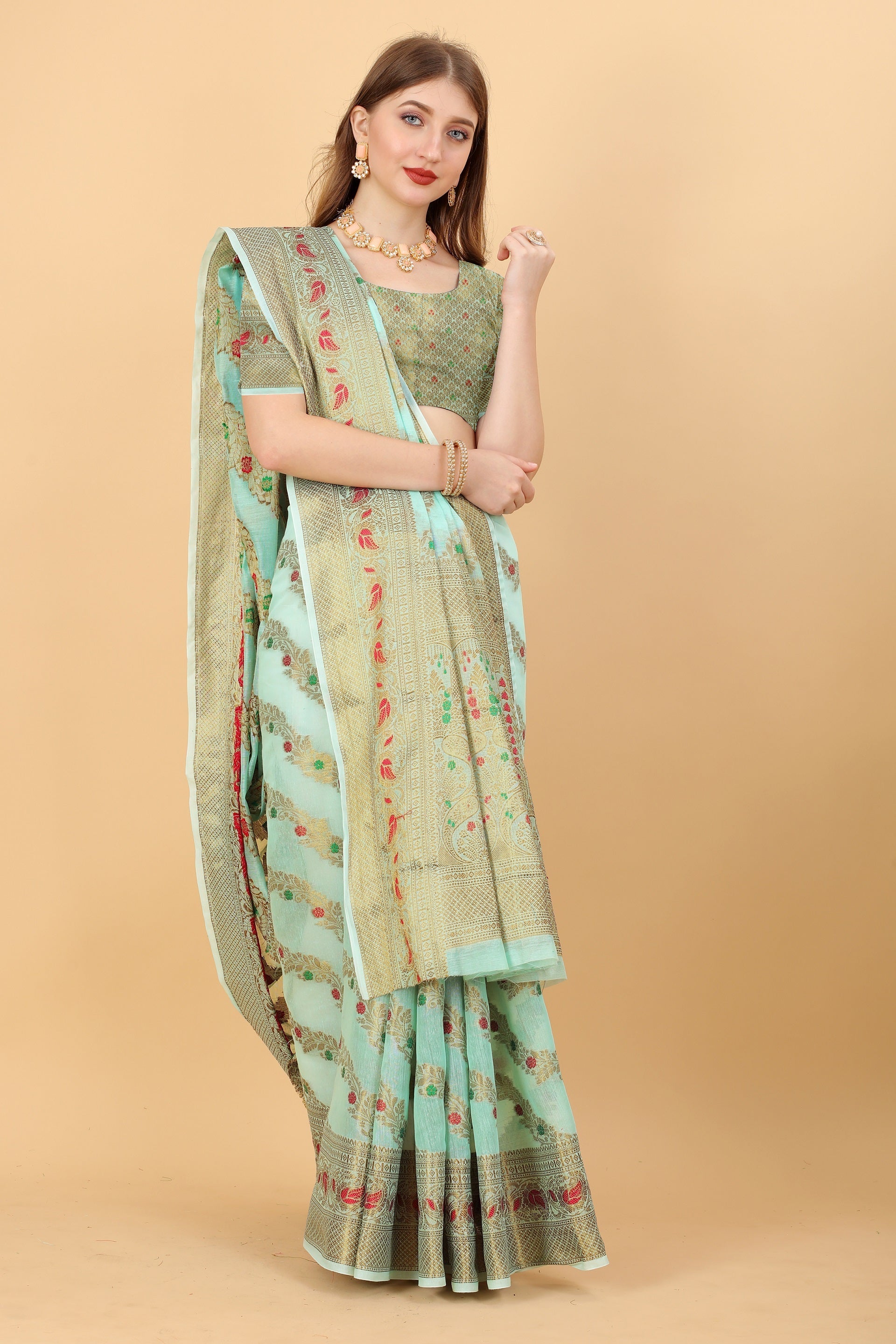 Vedant Vastram Soft Cotton Silk Banarasi Silk Saree - Seegreen