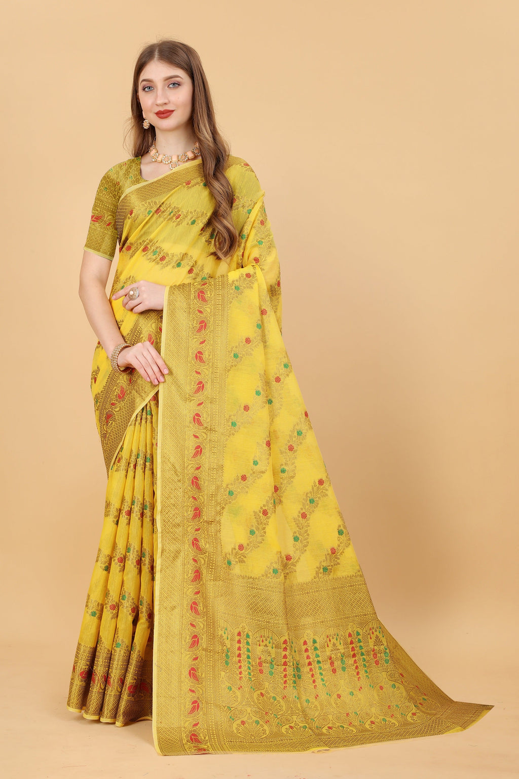 Vedant Vastram Soft Cotton Silk Banarasi Silk Saree - Yellow
