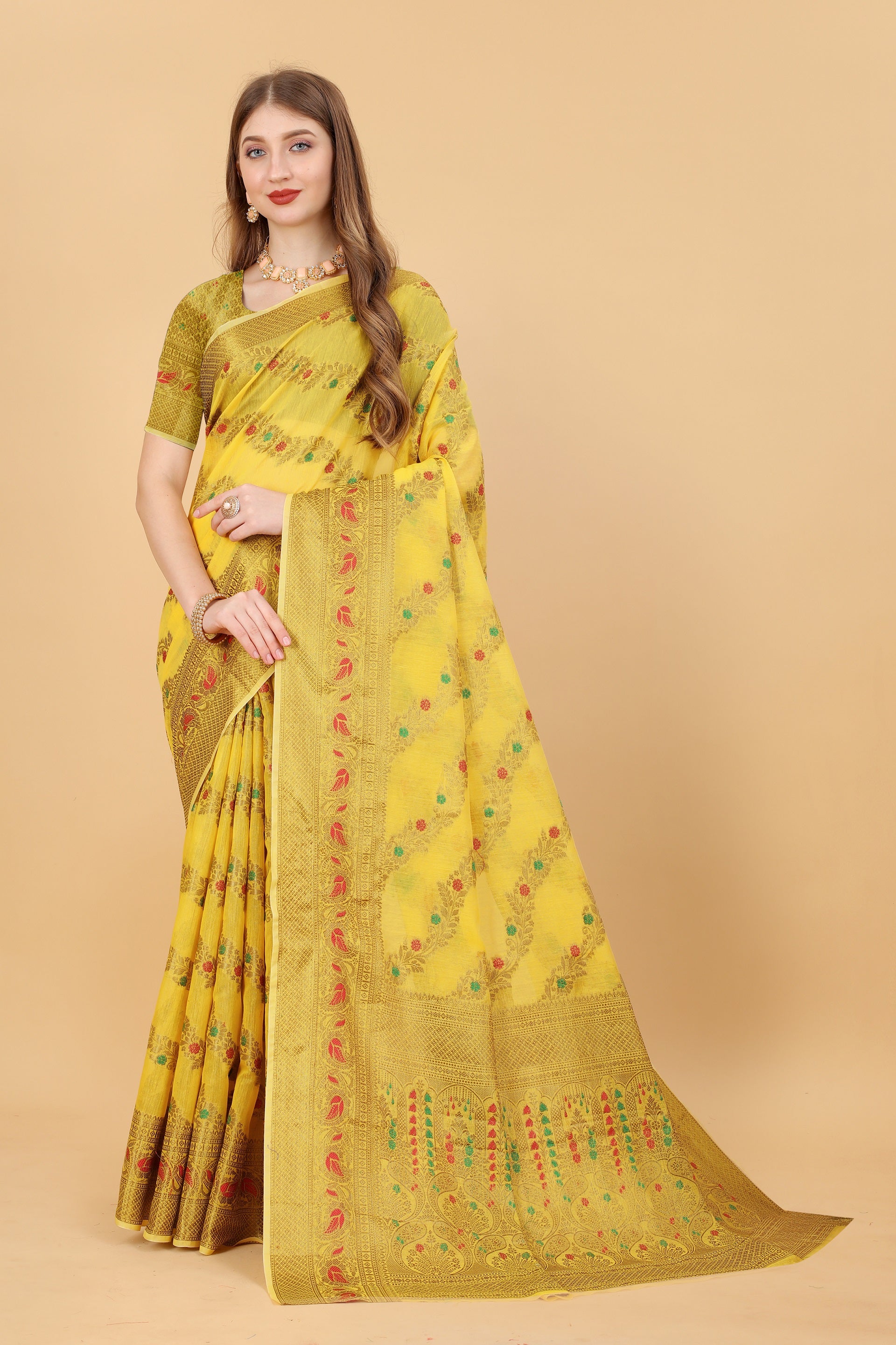 Vedant Vastram Soft Cotton Silk Banarasi Silk Saree - Yellow