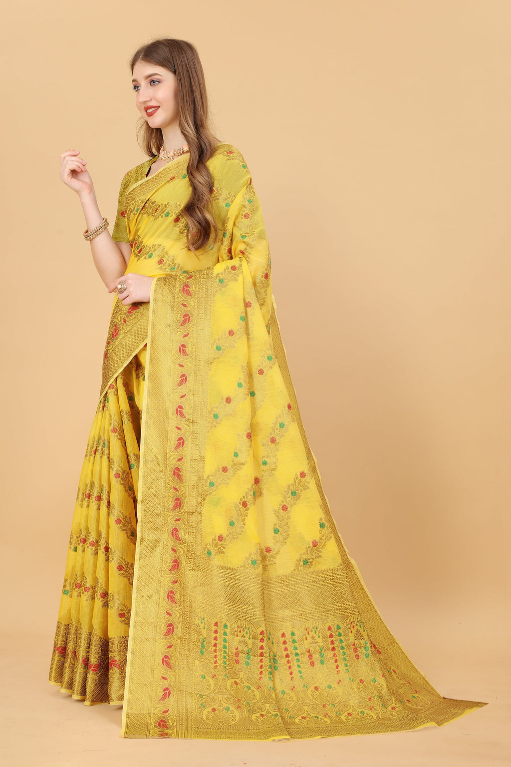 Vedant Vastram Soft Cotton Silk Banarasi Silk Saree - Yellow