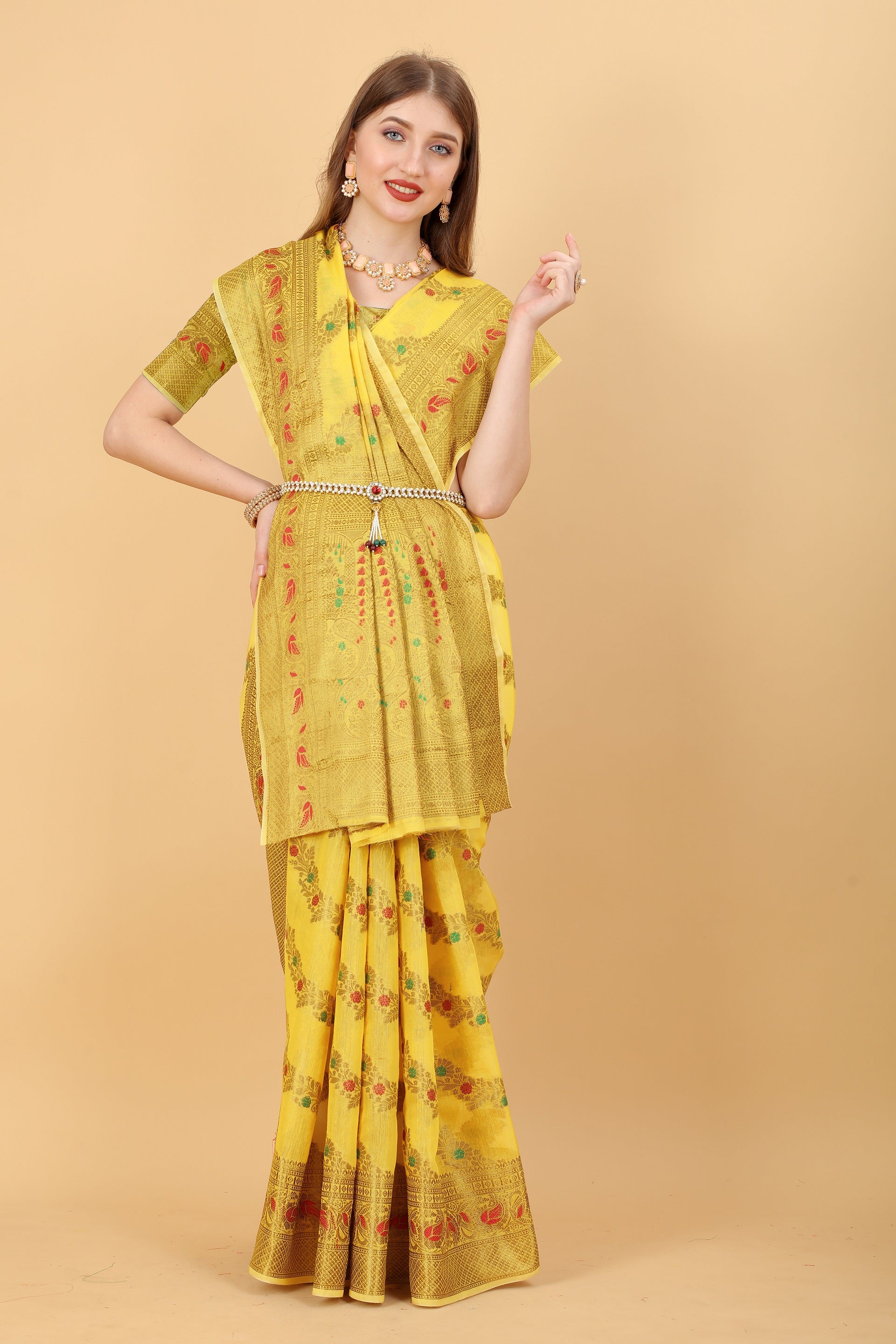Vedant Vastram Soft Cotton Silk Banarasi Silk Saree - Yellow