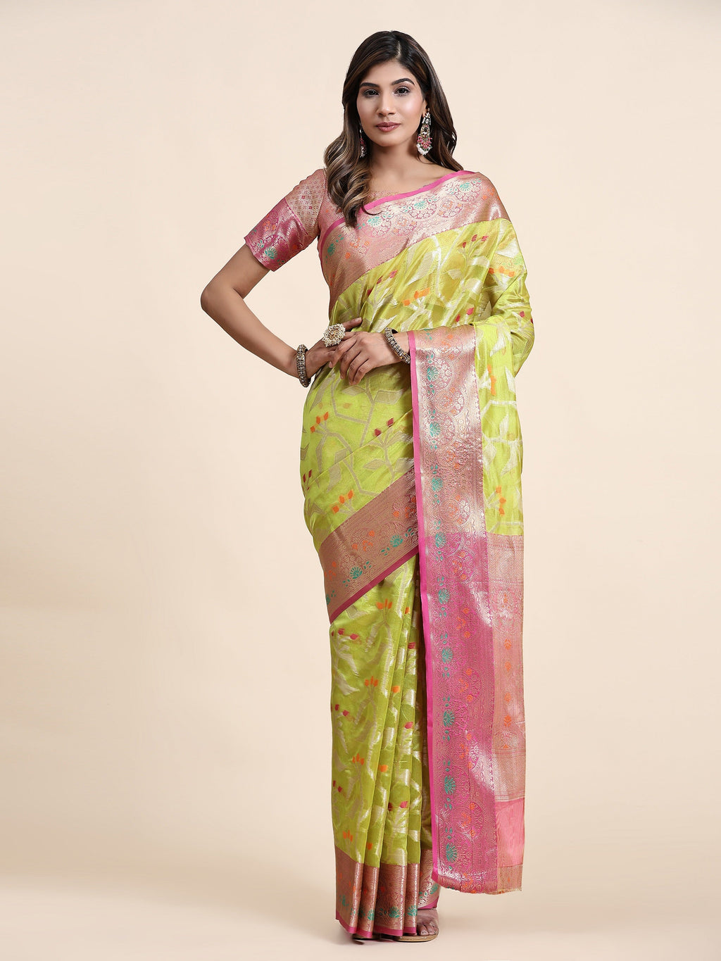 Vedant Vastram Organza Silk Kanjeevaram Saree - Lemon