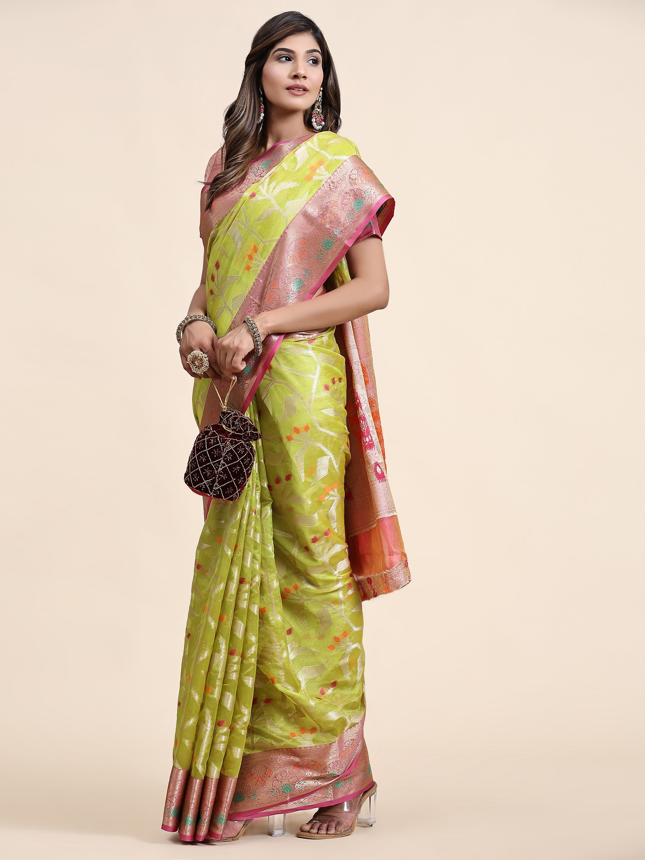 Vedant Vastram Organza Silk Kanjeevaram Saree - Lemon