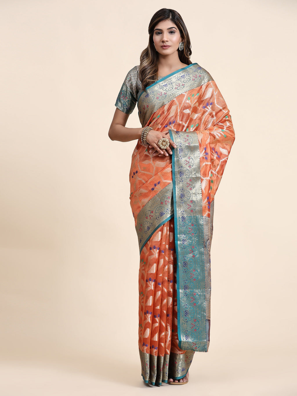 Vedant Vastram Organza Silk Kanjeevaram Saree - Peach