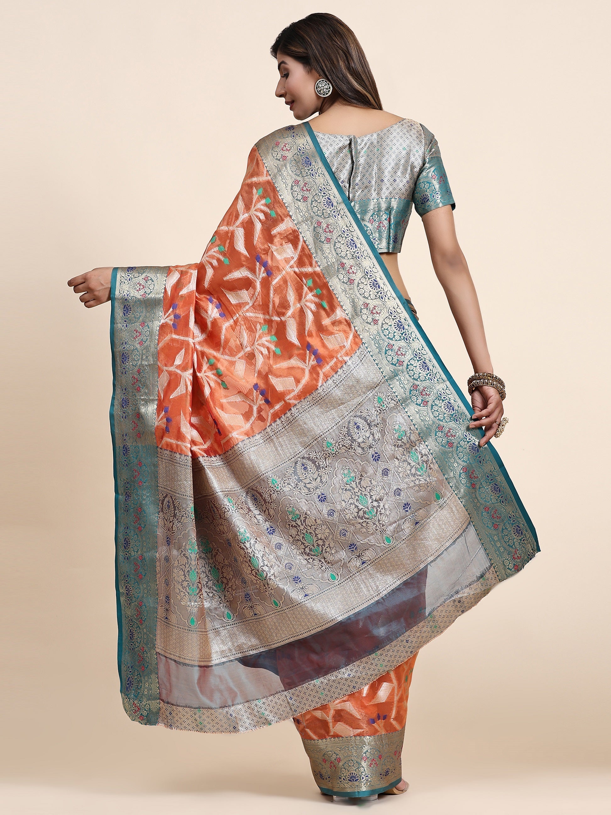 Vedant Vastram Organza Silk Kanjeevaram Saree - Peach