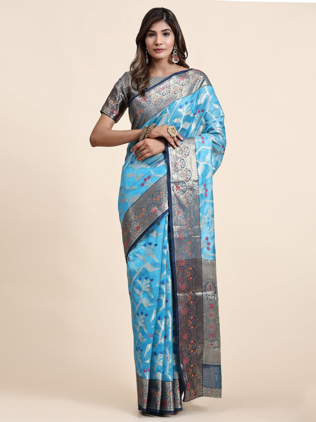 Vedant Vastram Organza Silk Kanjeevaram Saree - Skyblue