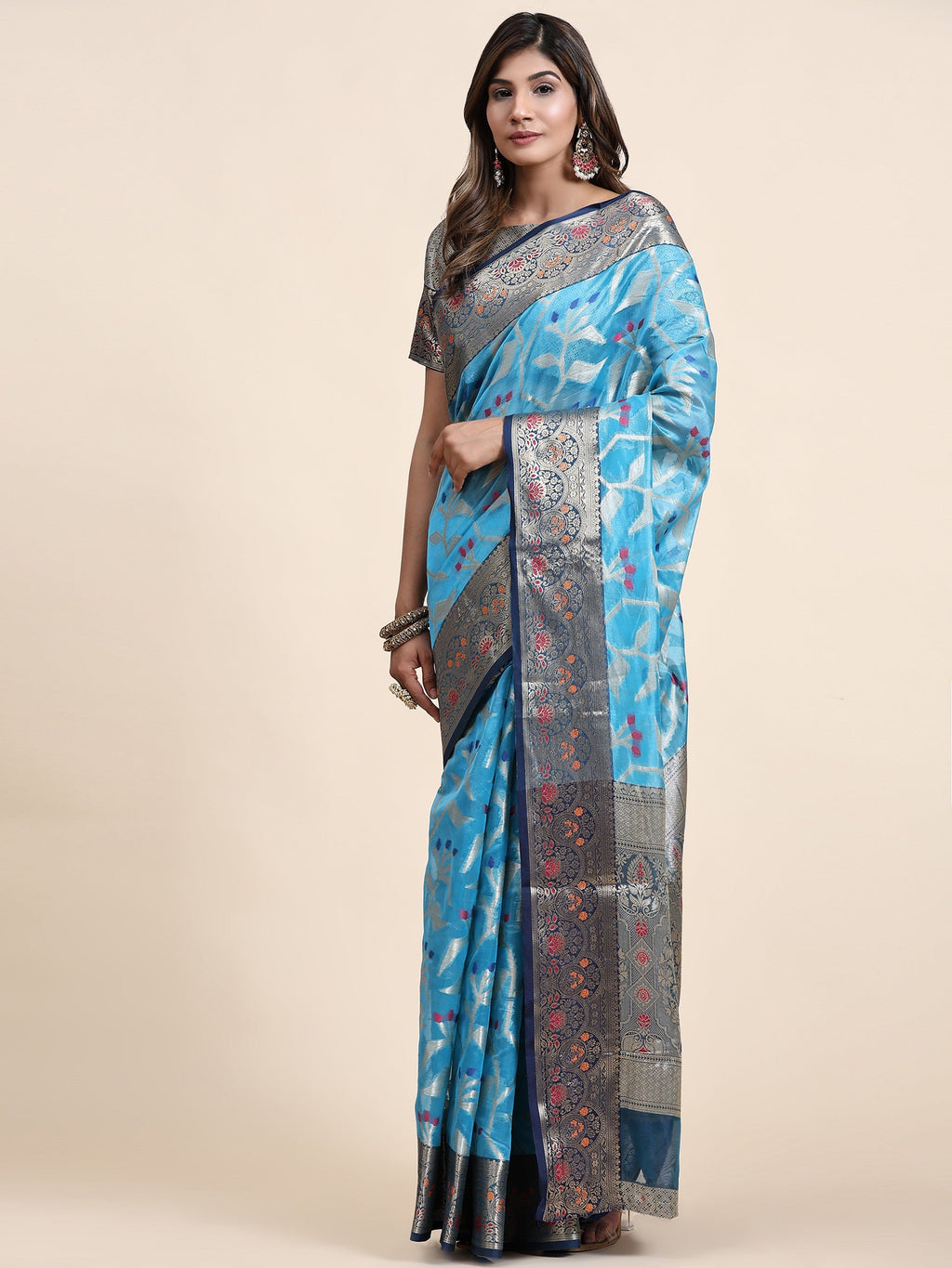 Vedant Vastram Organza Silk Kanjeevaram Saree - Skyblue