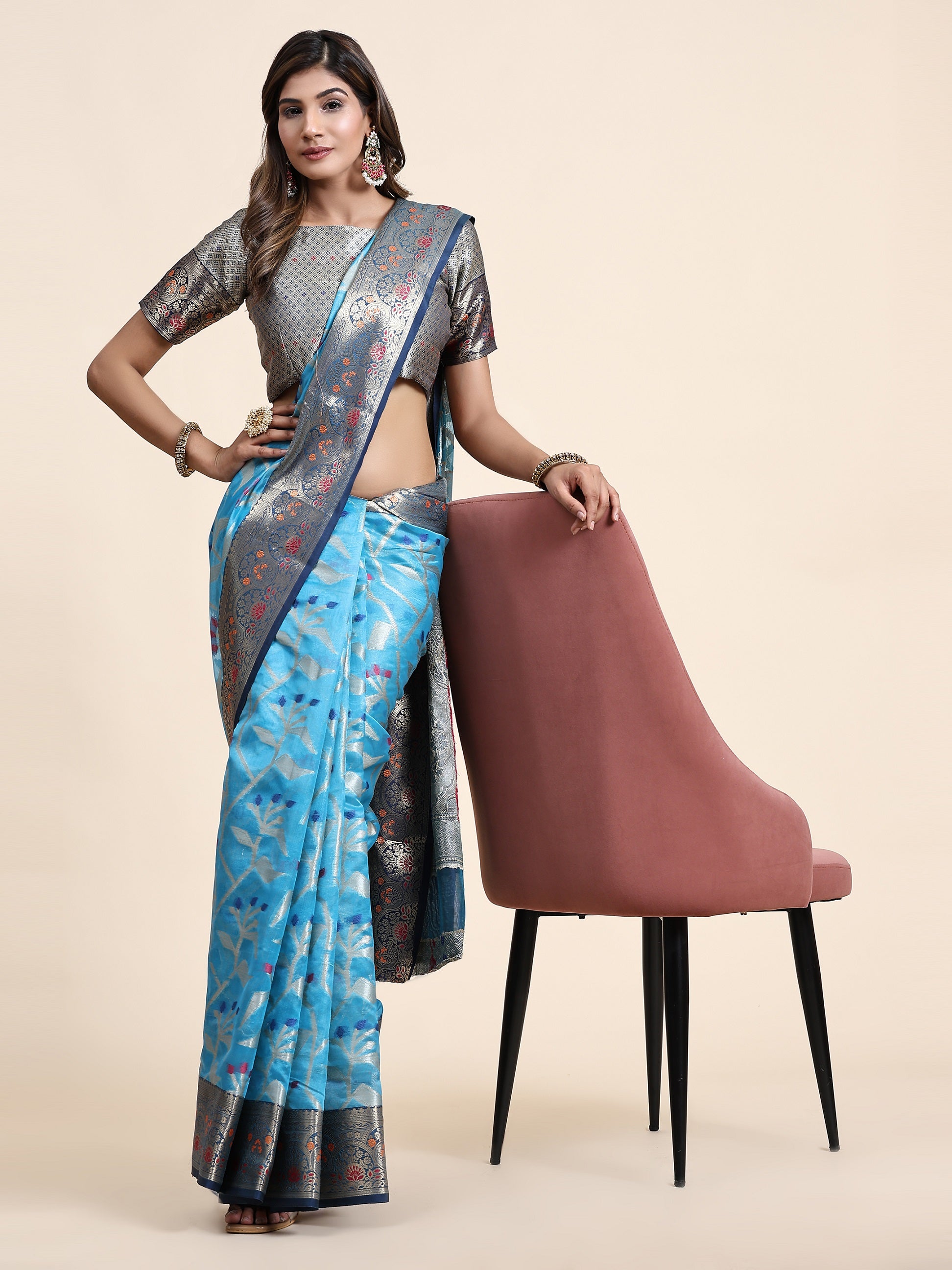 Vedant Vastram Organza Silk Kanjeevaram Saree - Skyblue