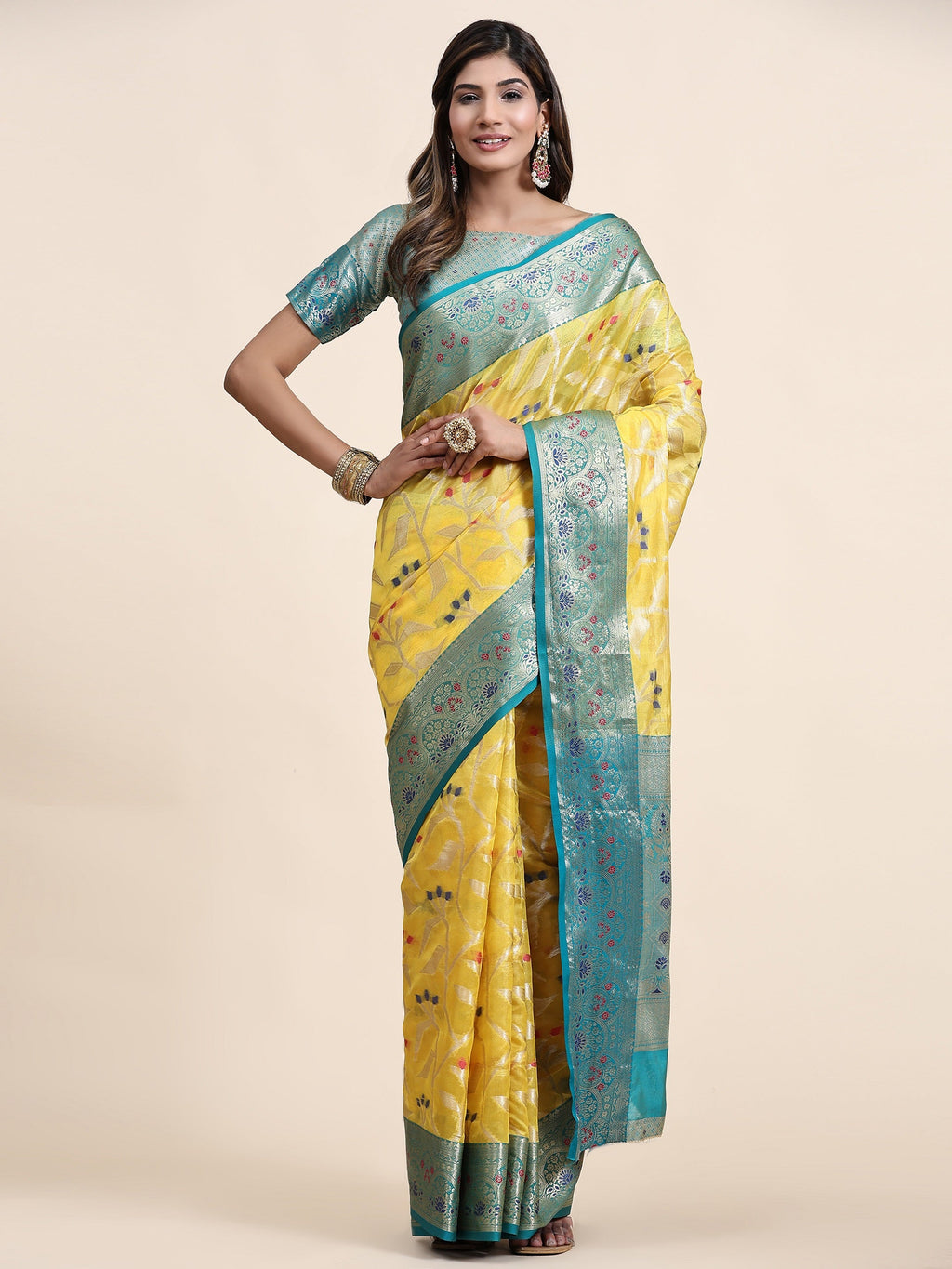 Vedant Vastram Organza Silk Kanjeevaram Saree - Yellow