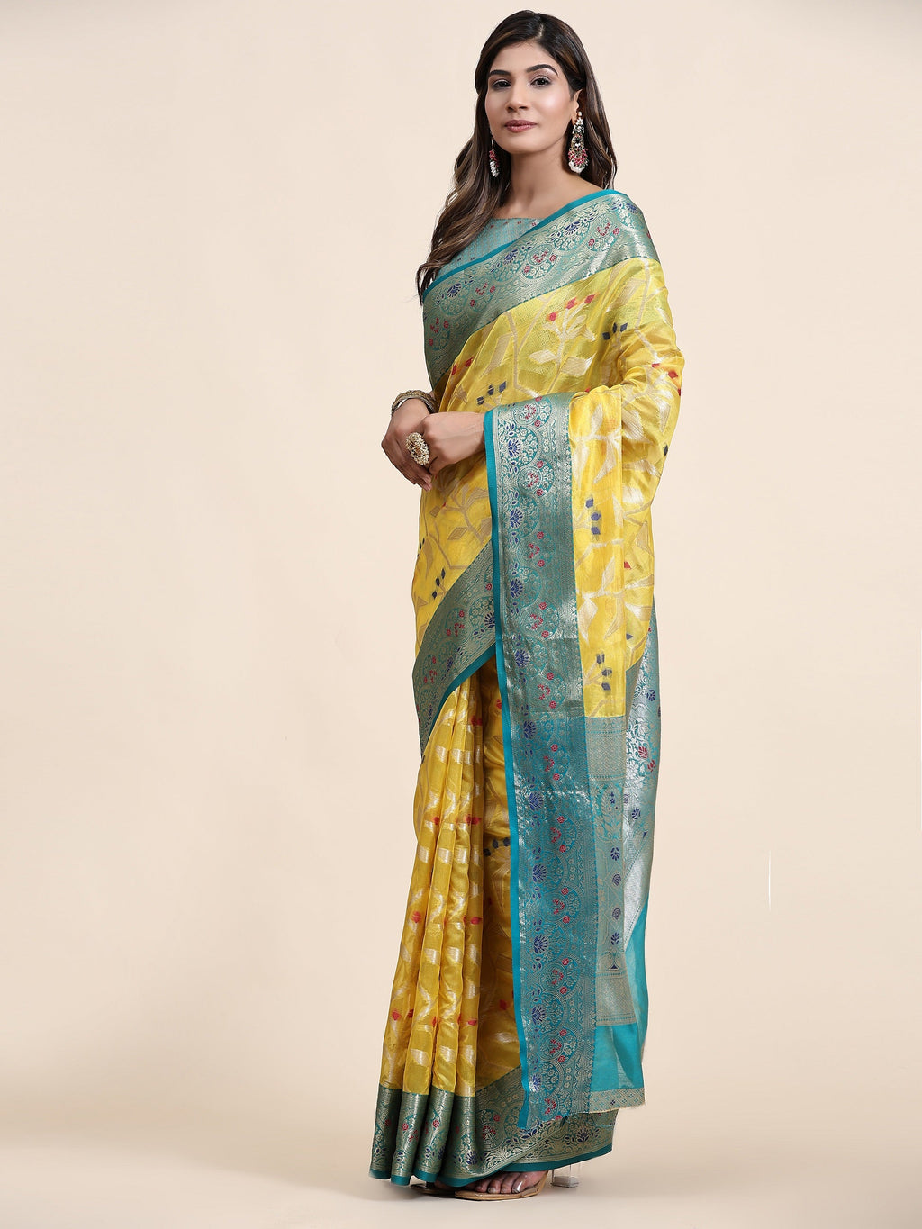Vedant Vastram Organza Silk Kanjeevaram Saree - Yellow