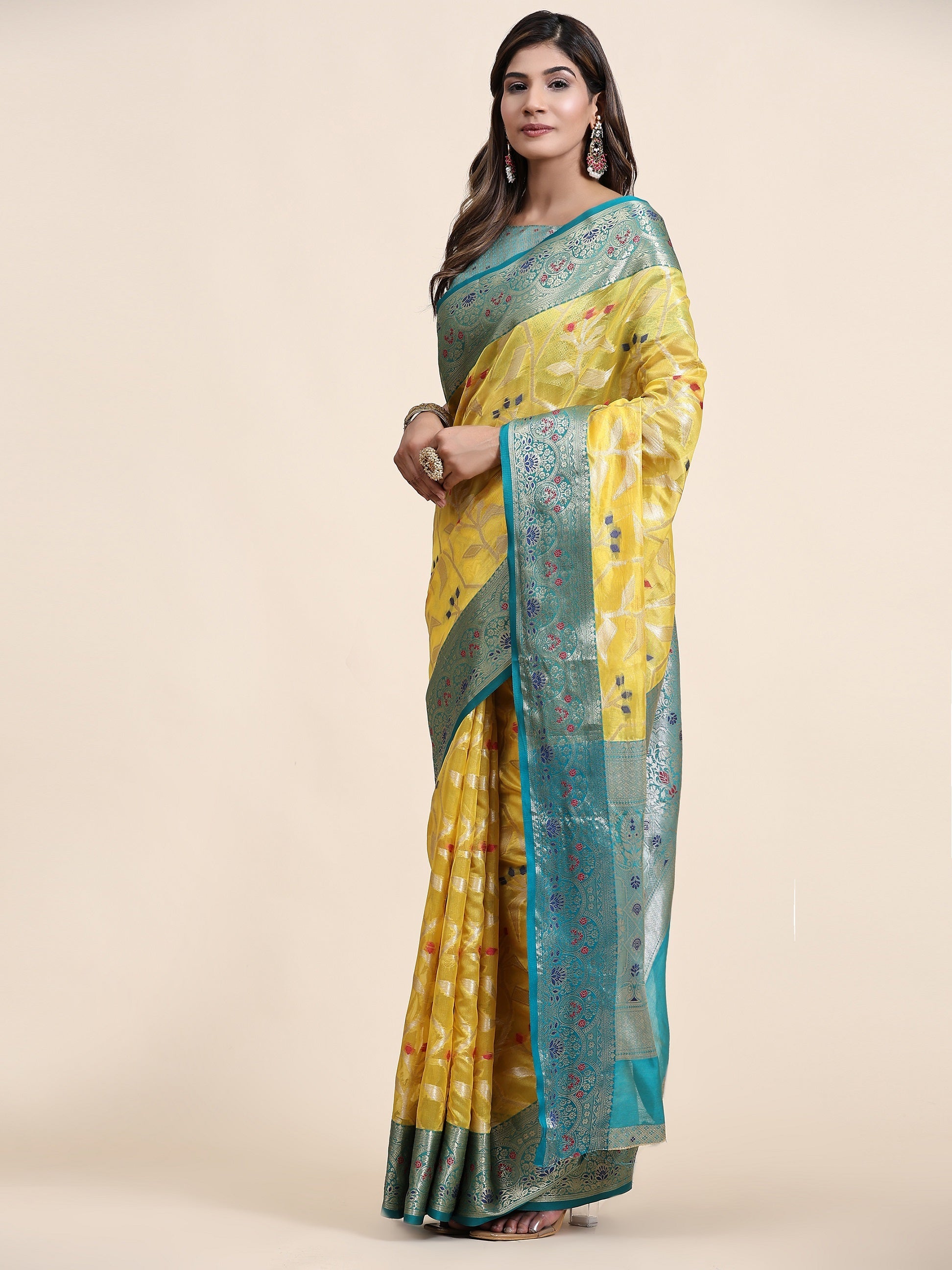 Vedant Vastram Organza Silk Kanjeevaram Saree - Yellow