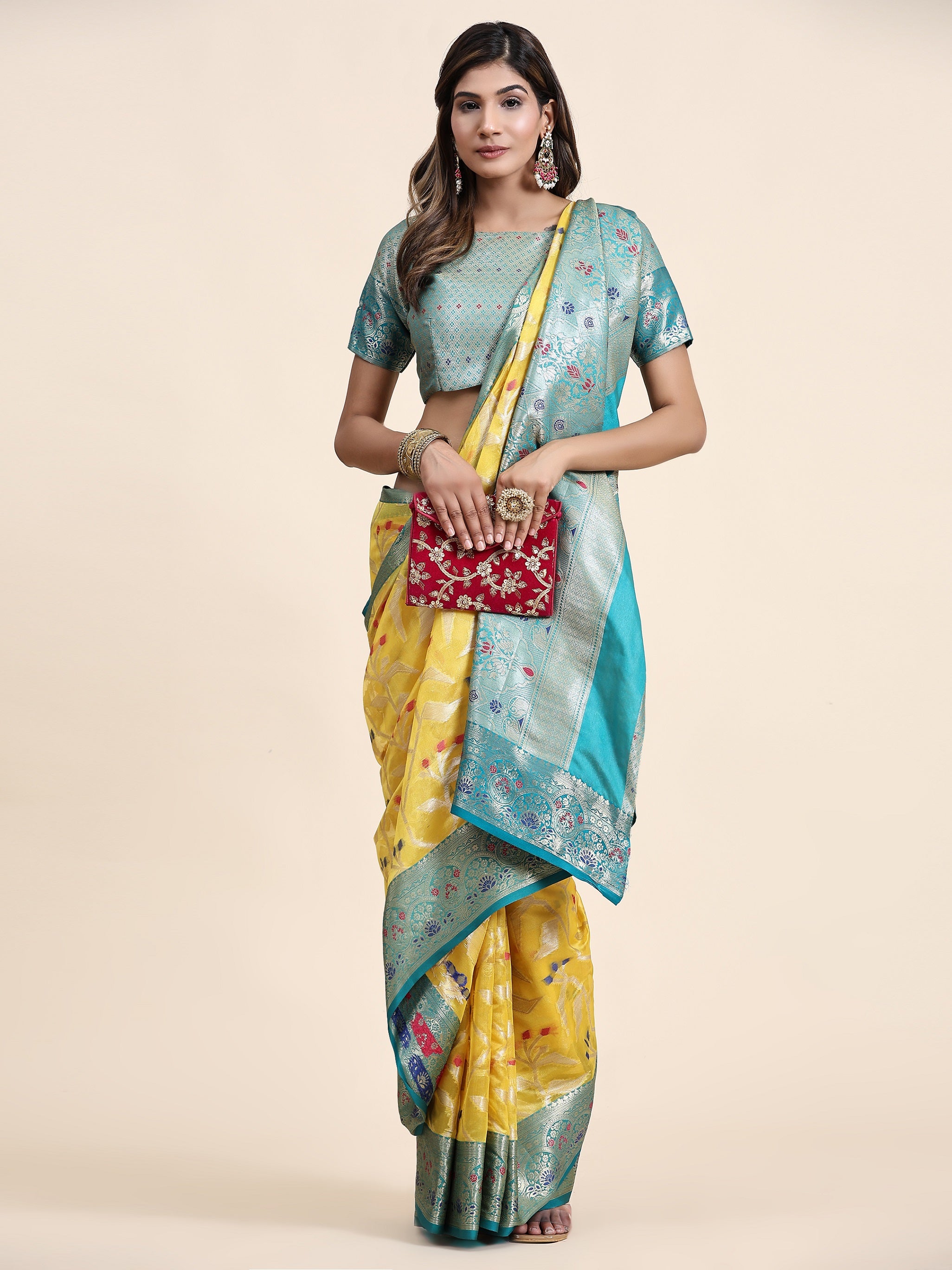 Vedant Vastram Organza Silk Kanjeevaram Saree - Yellow