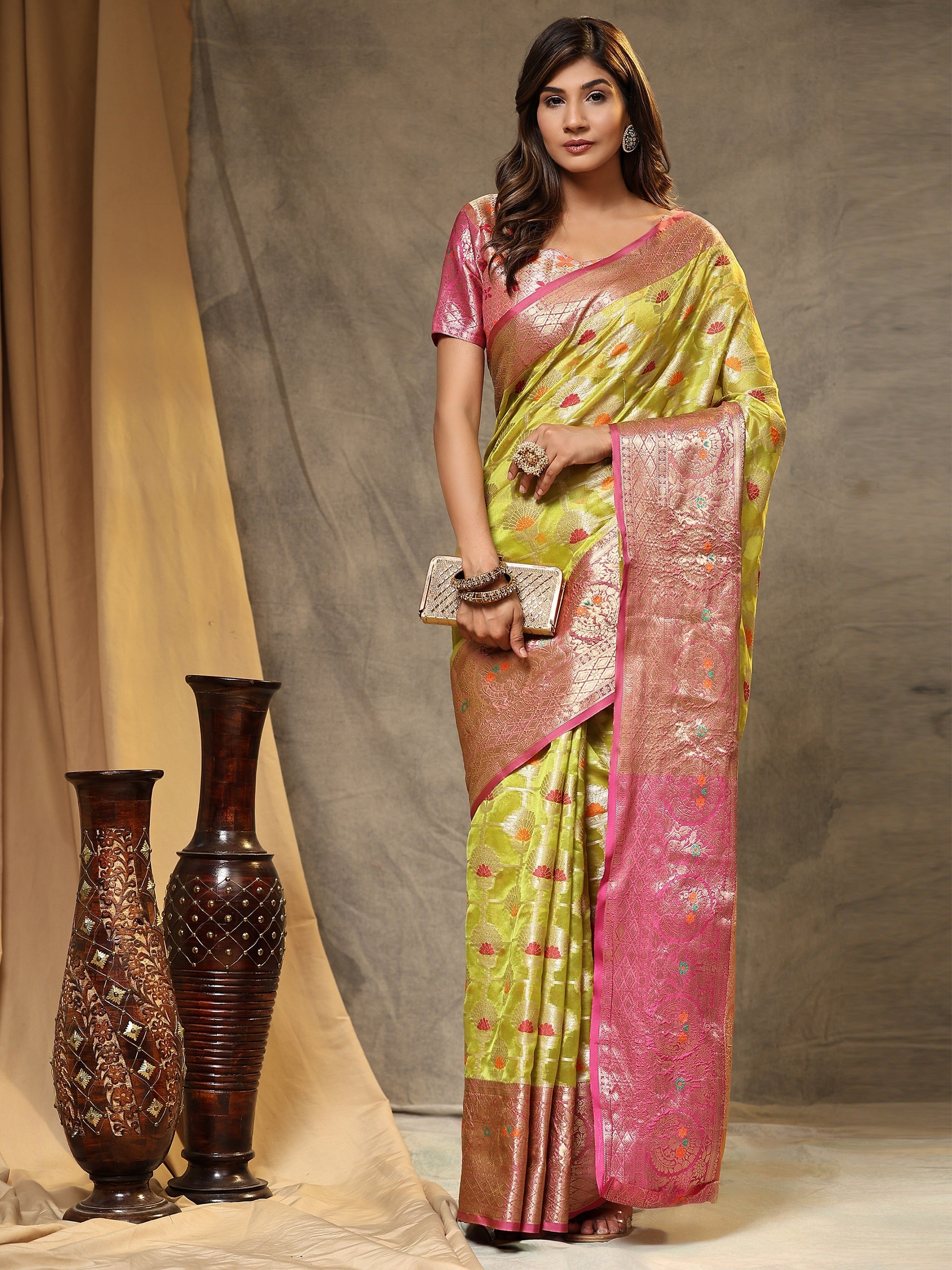 Vedant Vastram Organza Silk Kanjeevaram Saree - Lemon
