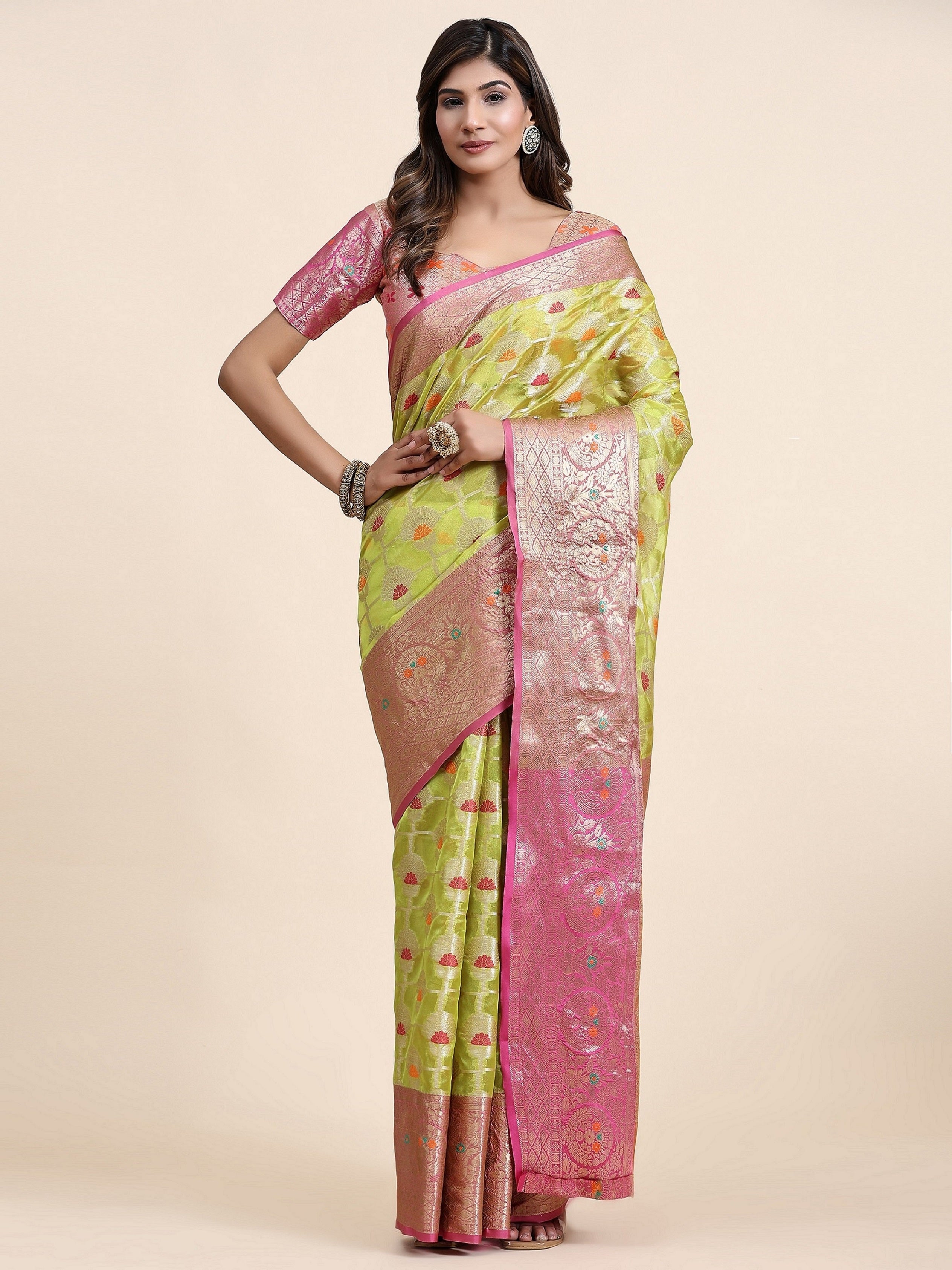 Vedant Vastram Organza Silk Kanjeevaram Saree - Lemon
