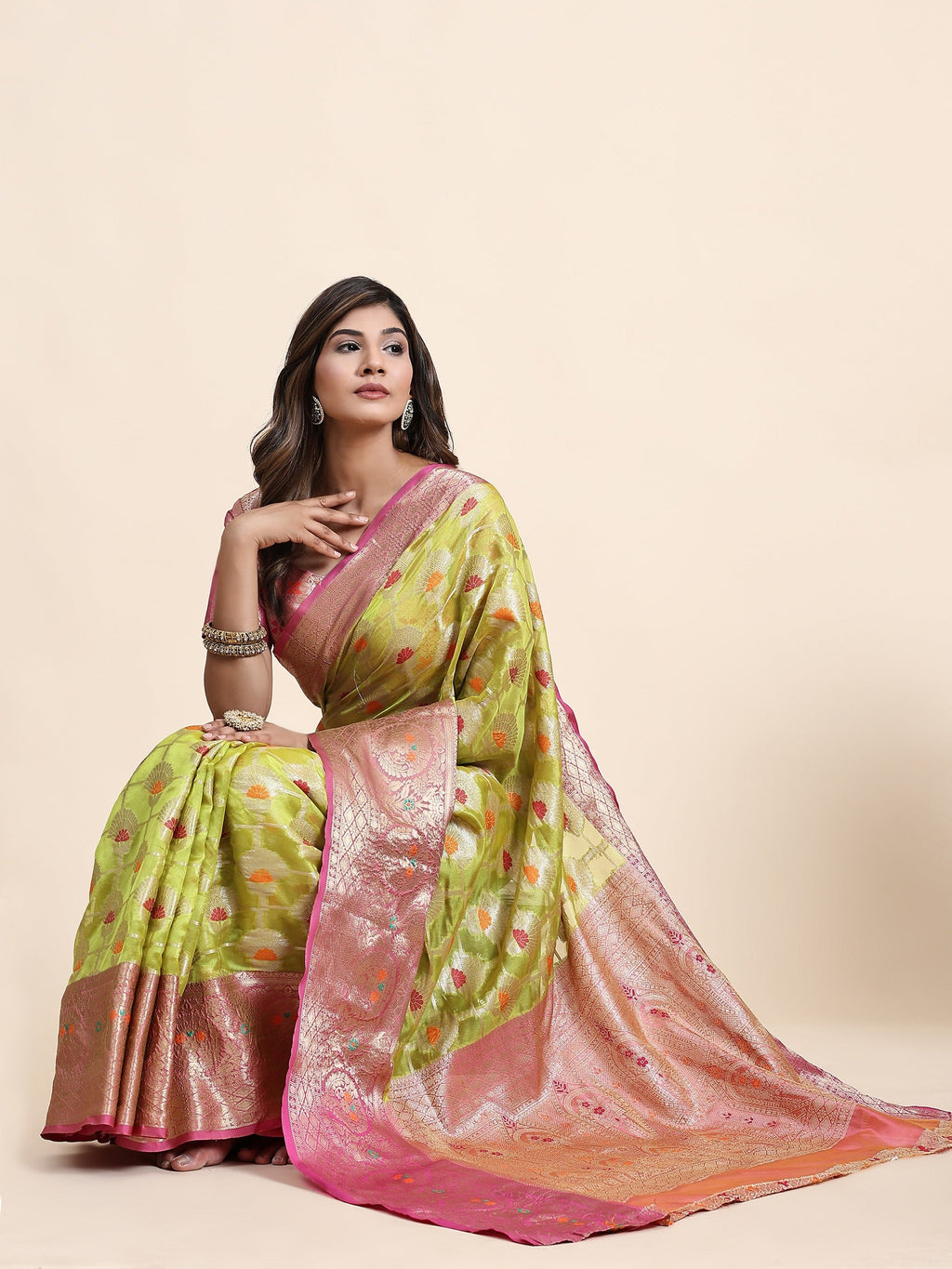 Vedant Vastram Organza Silk Kanjeevaram Saree - Lemon