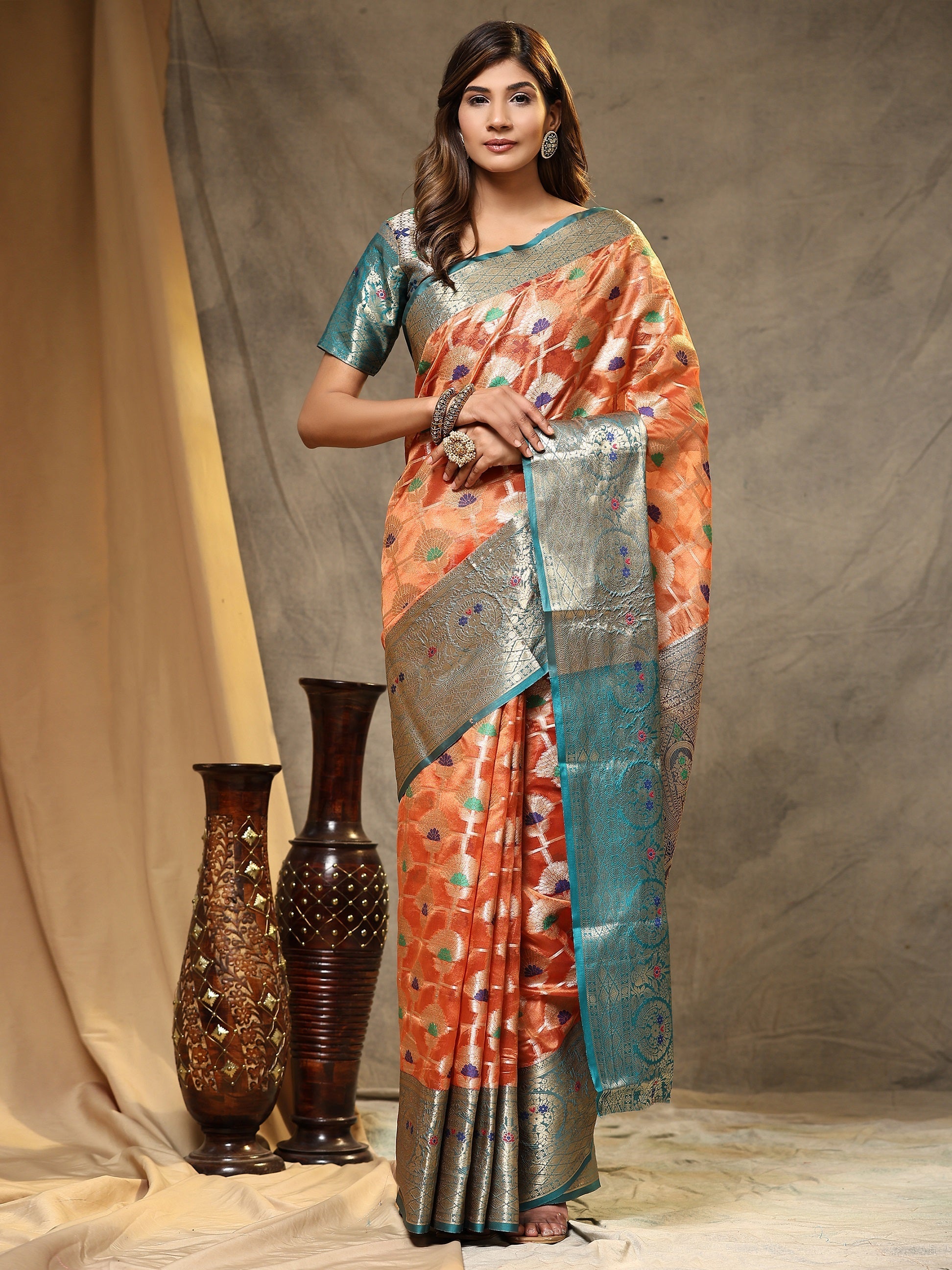 Vedant Vastram Organza Silk Kanjeevaram Saree - Peach