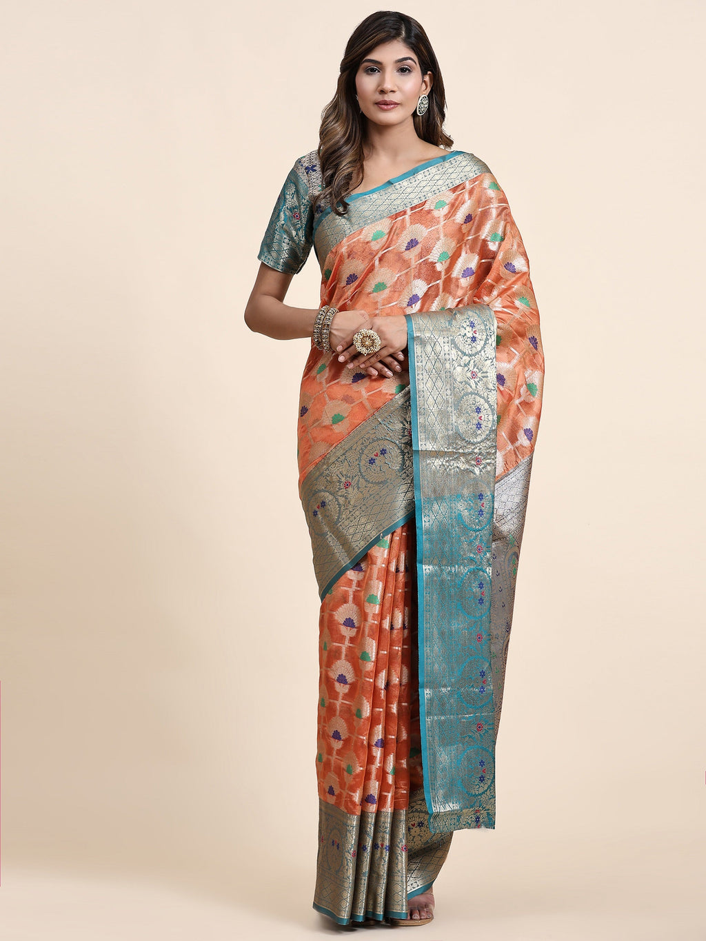 Vedant Vastram Organza Silk Kanjeevaram Saree - Peach