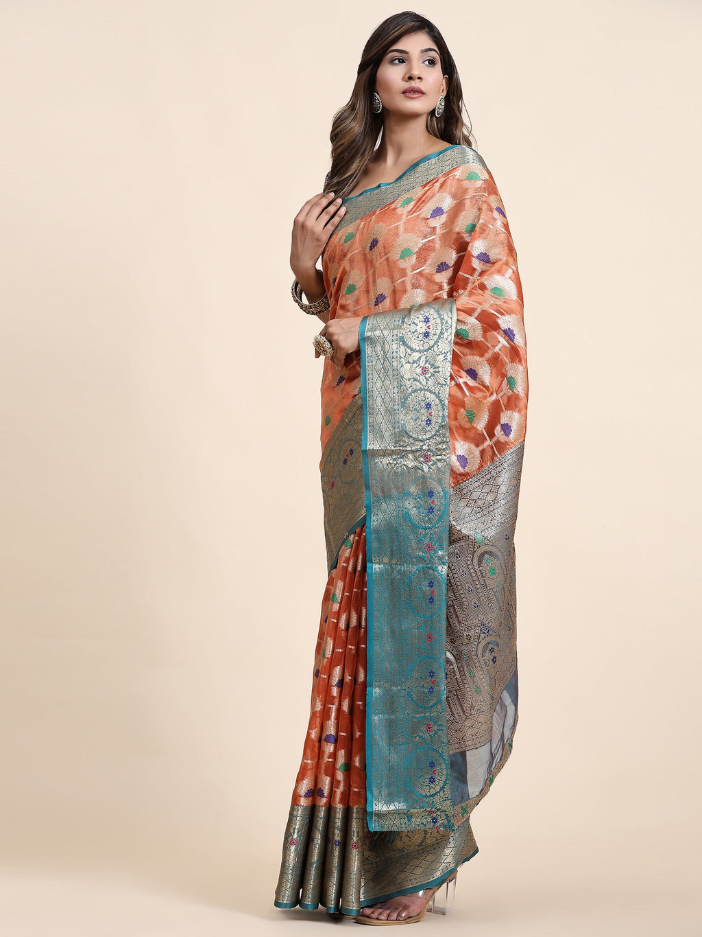 Vedant Vastram Organza Silk Kanjeevaram Saree - Peach