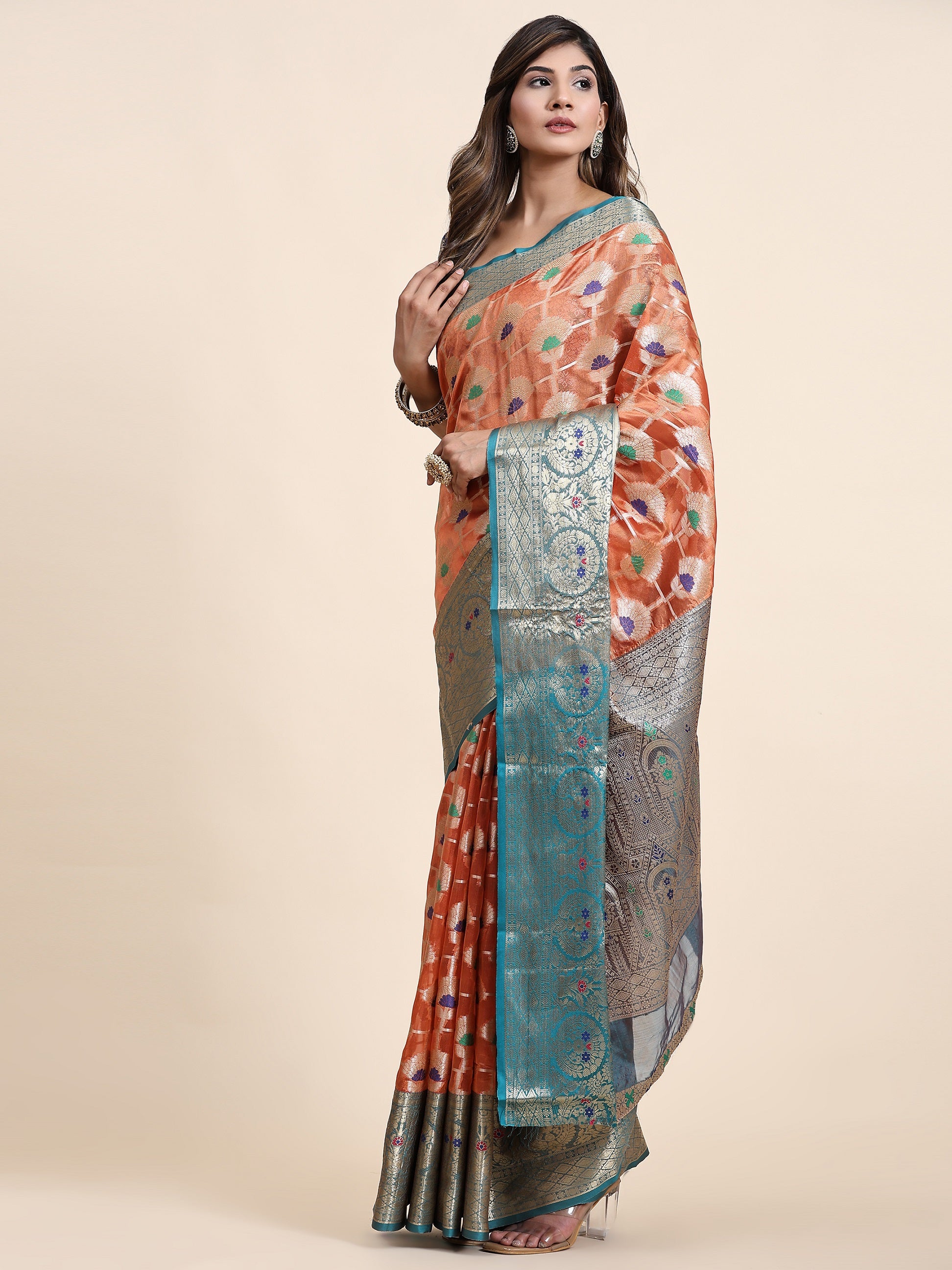 Vedant Vastram Organza Silk Kanjeevaram Saree - Peach