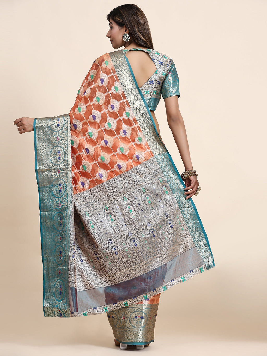 Vedant Vastram Organza Silk Kanjeevaram Saree - Peach