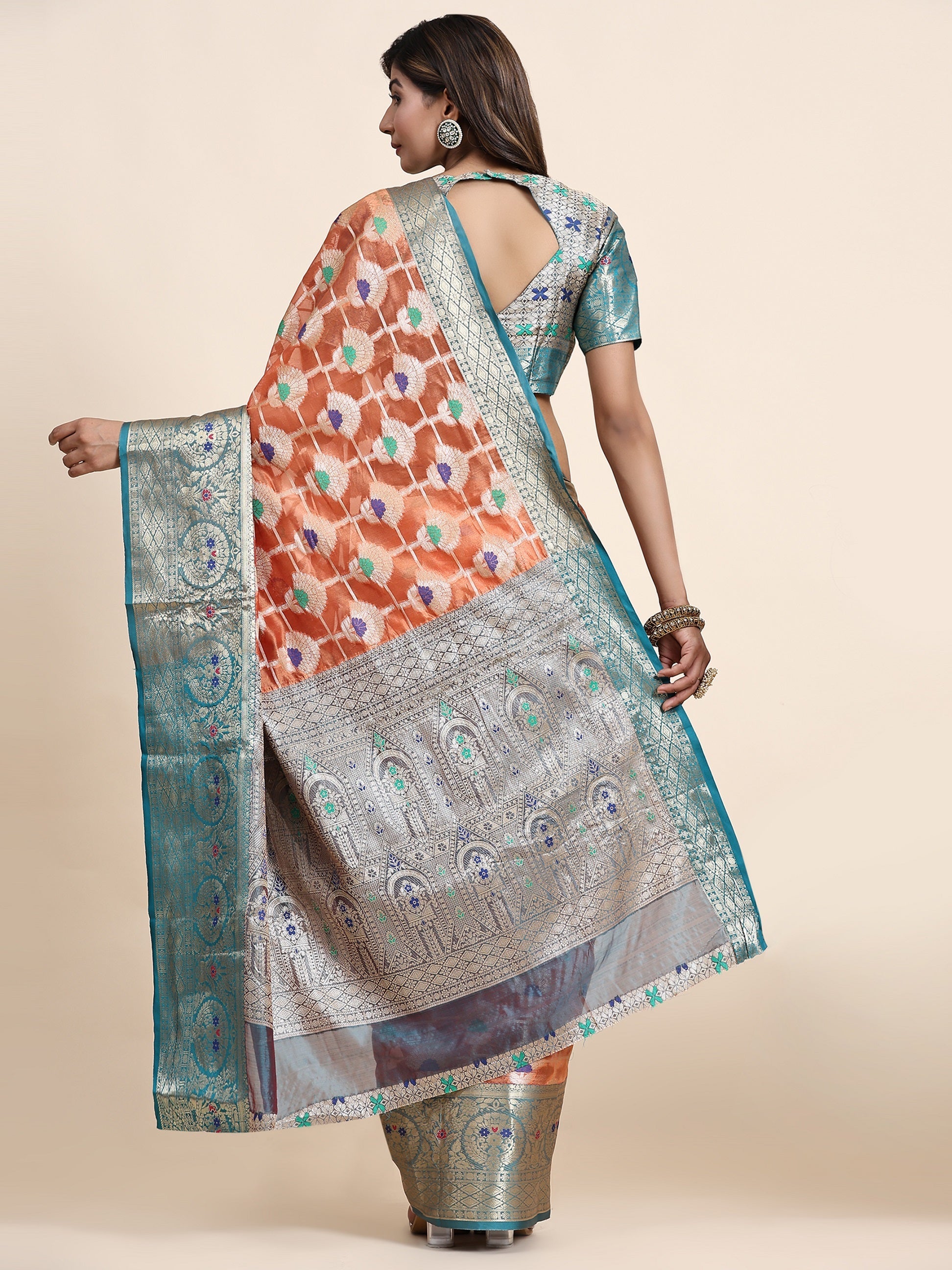 Vedant Vastram Organza Silk Kanjeevaram Saree - Peach