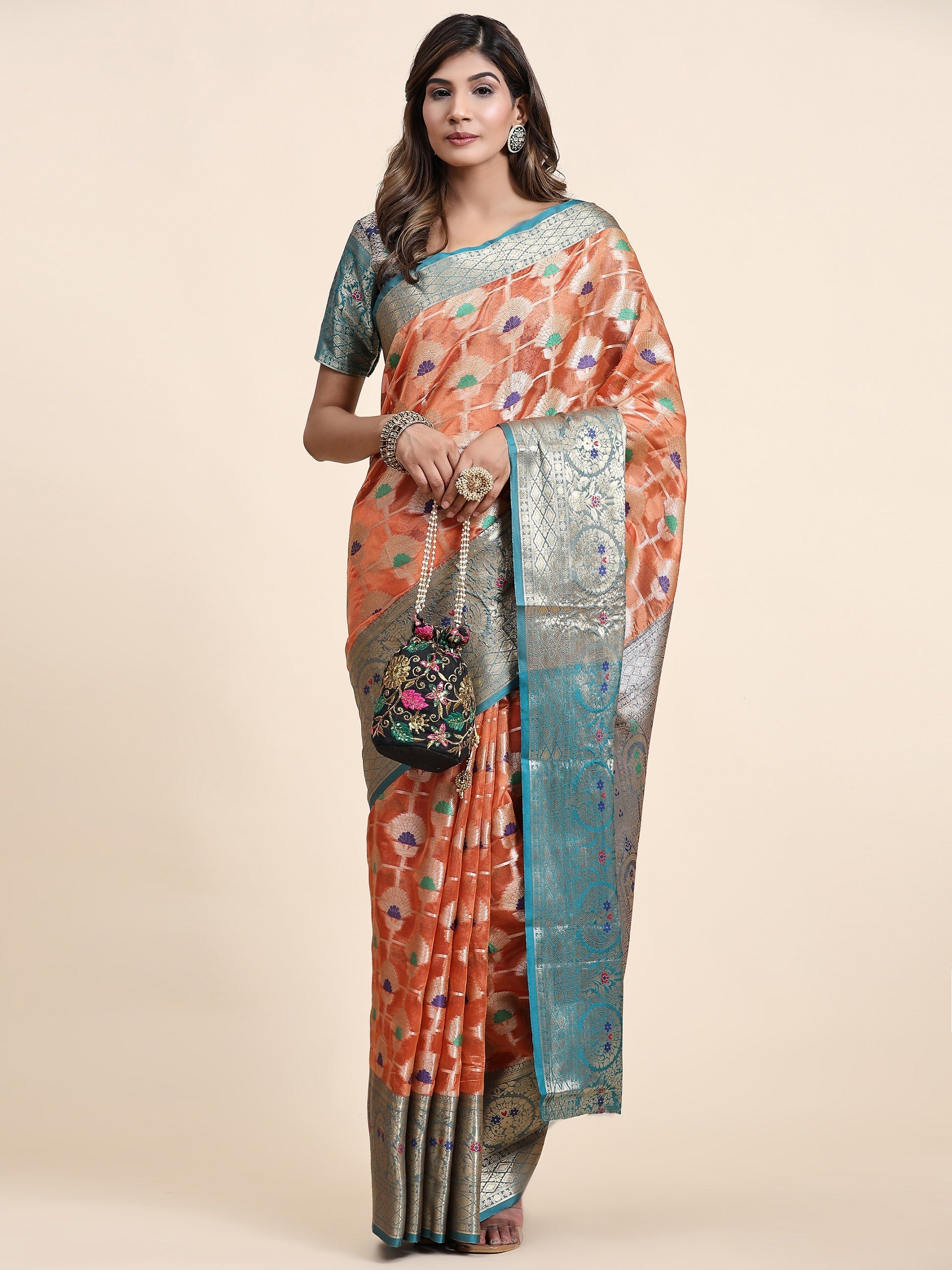 Vedant Vastram Organza Silk Kanjeevaram Saree - Peach