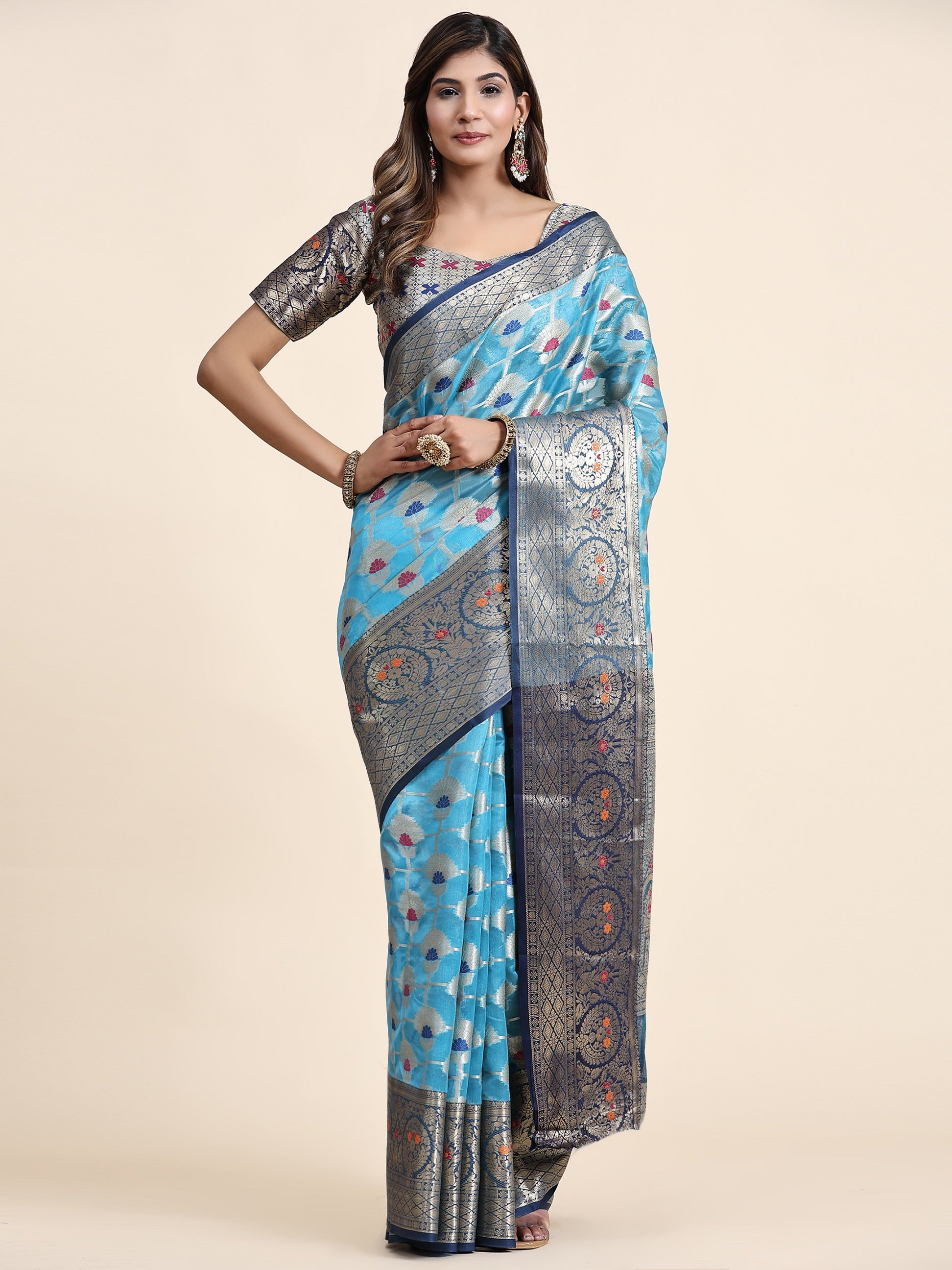 Vedant Vastram Organza Silk Kanjeevaram Saree - Skyblue