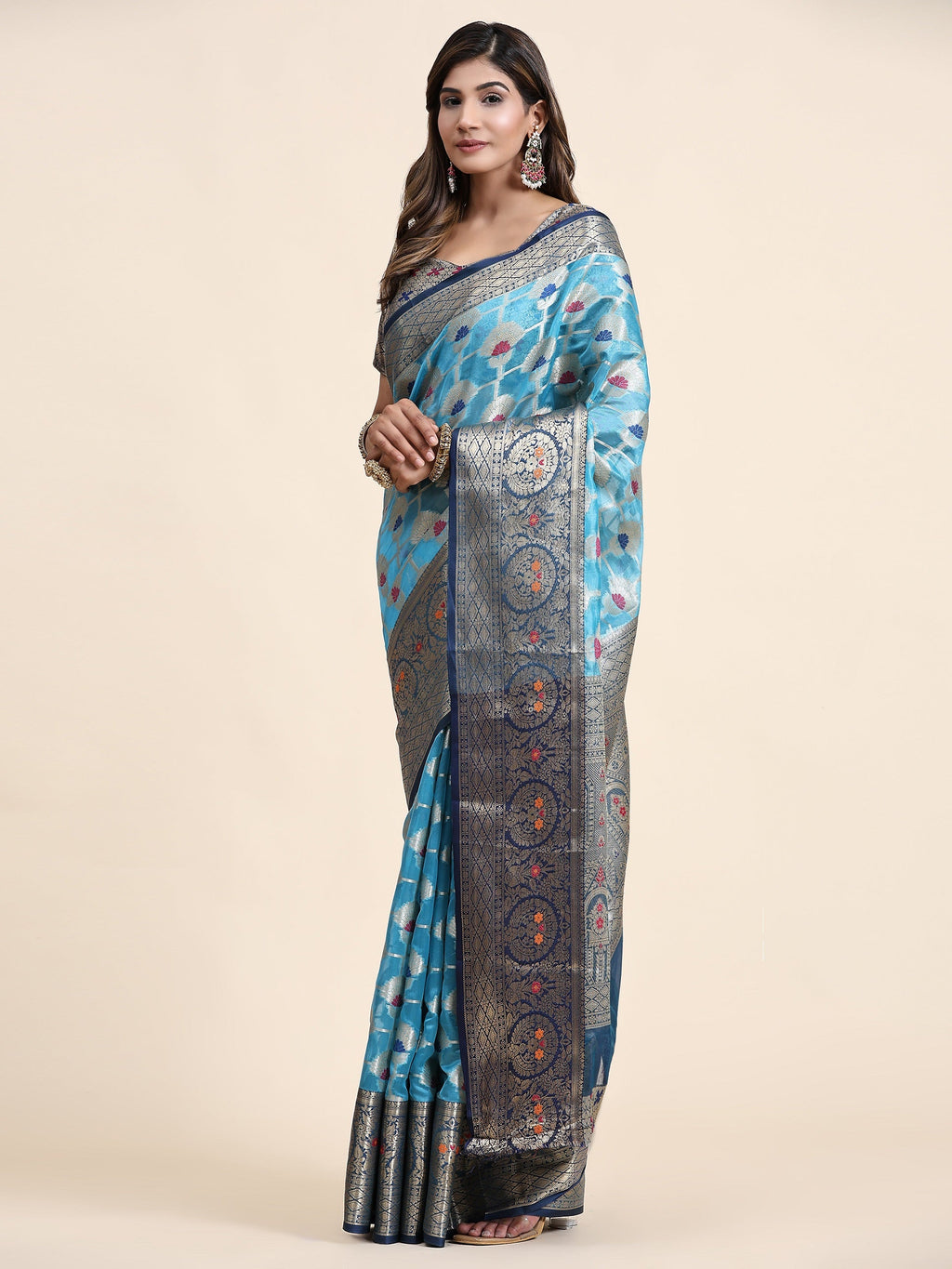 Vedant Vastram Organza Silk Kanjeevaram Saree - Skyblue