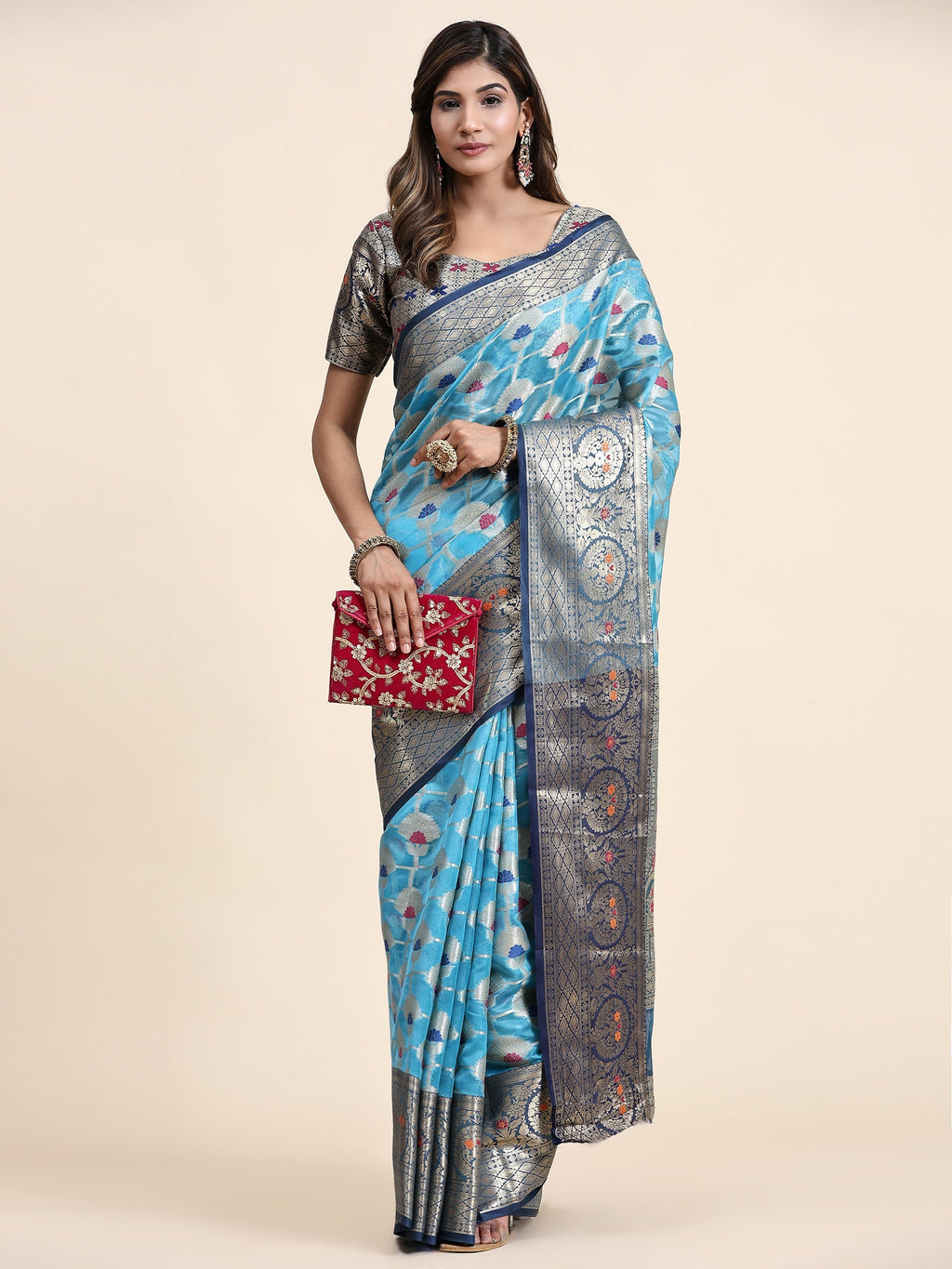 Vedant Vastram Organza Silk Kanjeevaram Saree - Skyblue