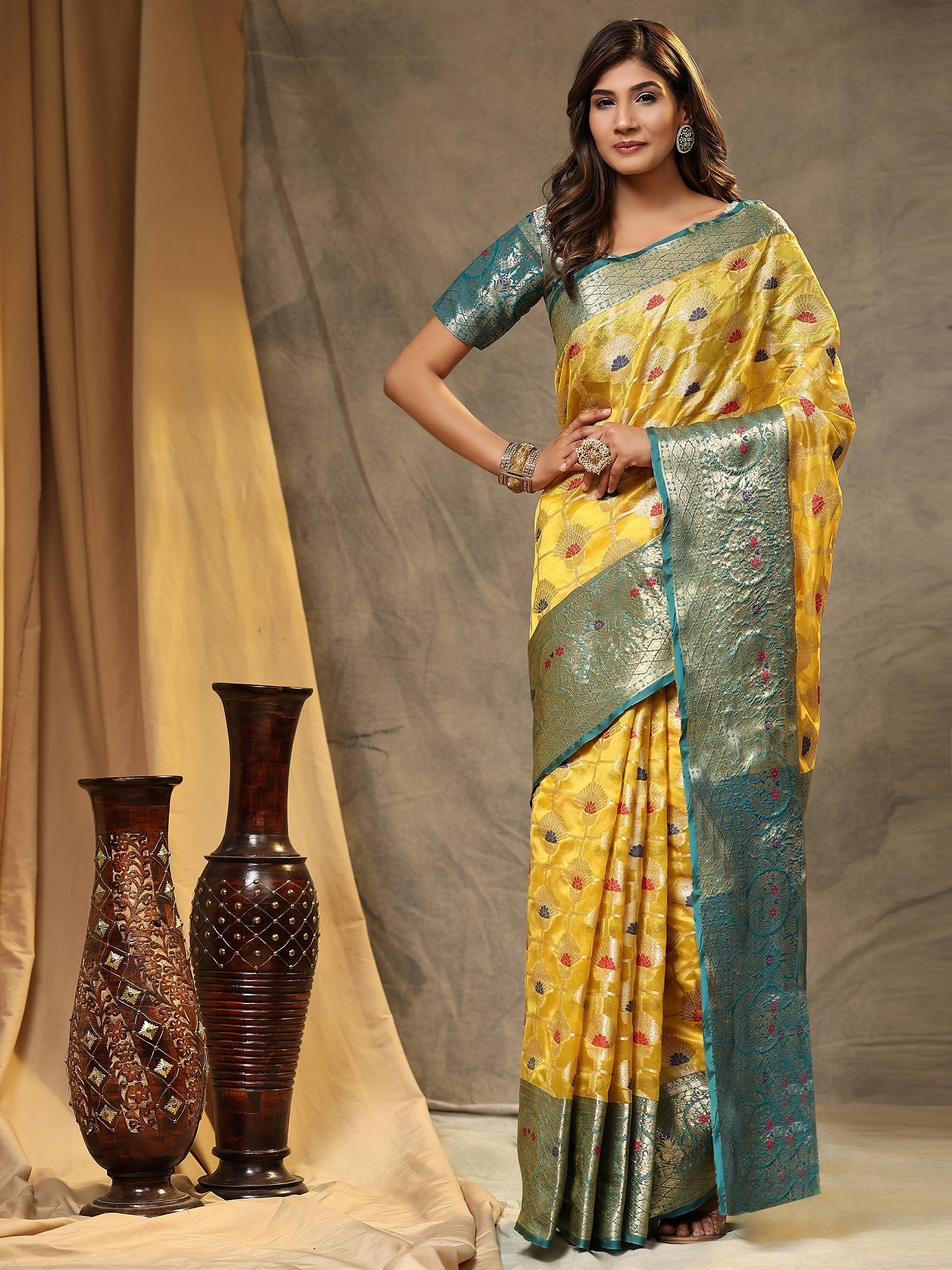 Vedant Vastram Organza Silk Kanjeevaram Saree - Yellow