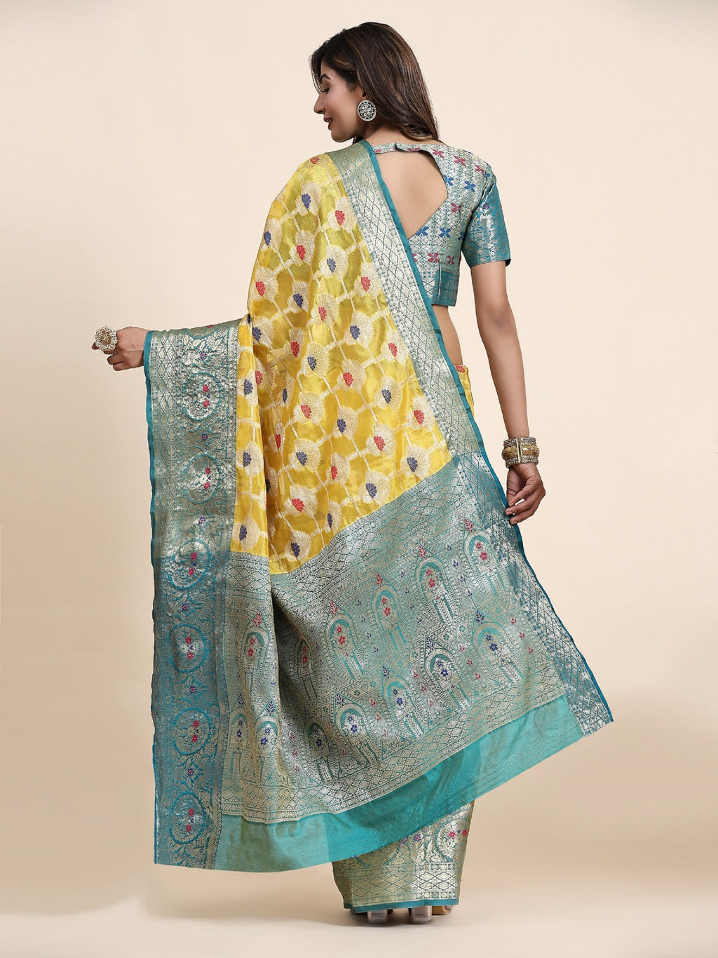 Vedant Vastram Organza Silk Kanjeevaram Saree - Yellow