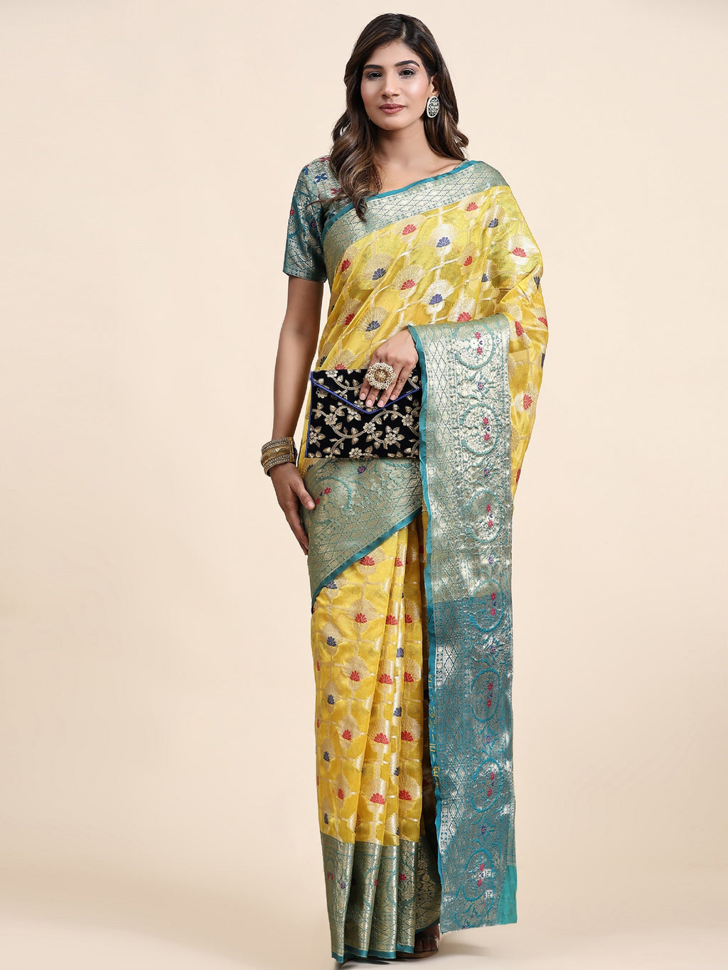 Vedant Vastram Organza Silk Kanjeevaram Saree - Yellow