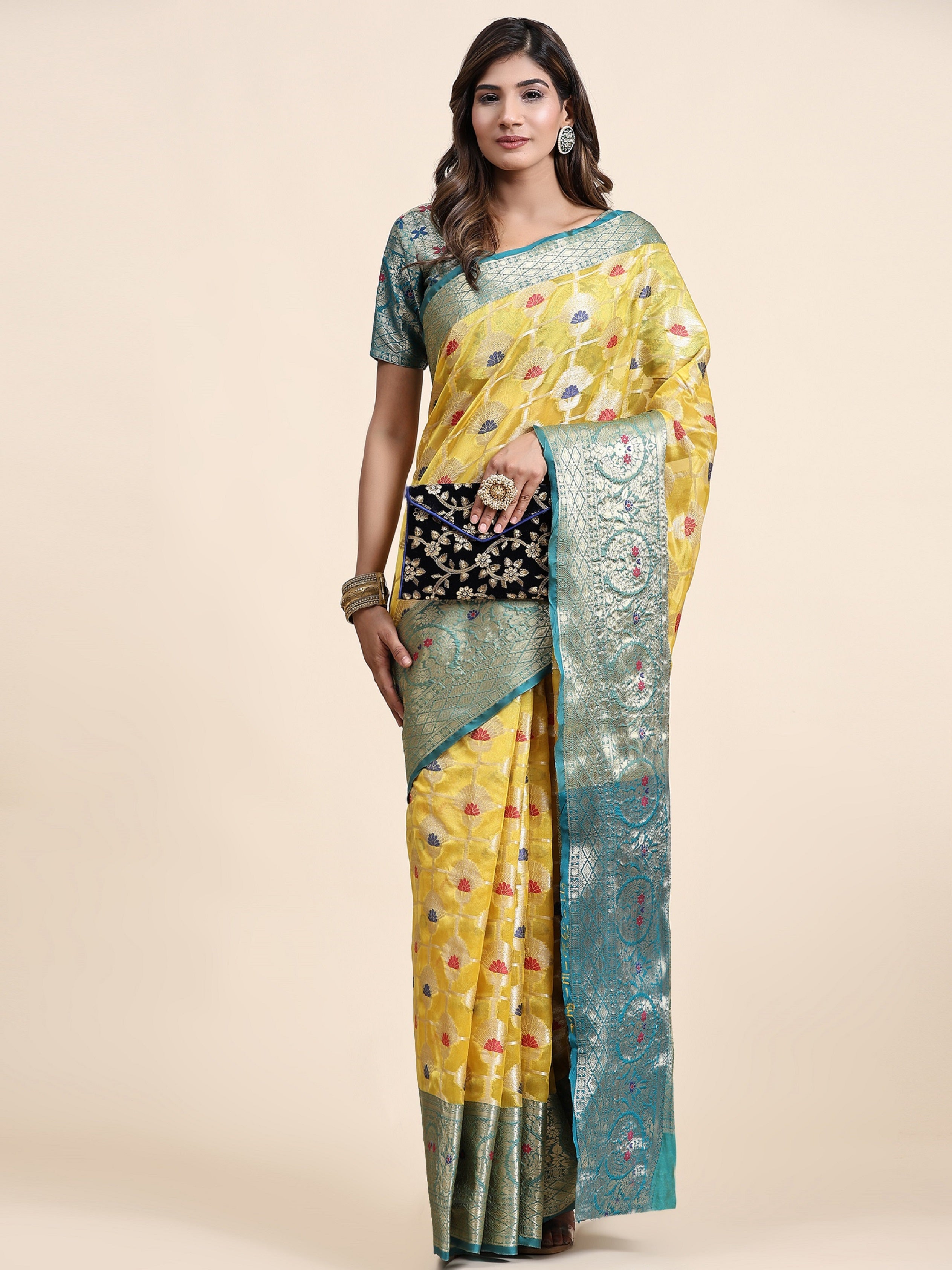 Vedant Vastram Organza Silk Kanjeevaram Saree - Yellow