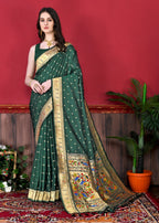 Vedant Vastram Soft Litchi Silk Paithani Silk Saree - Bottle Green - Distacart