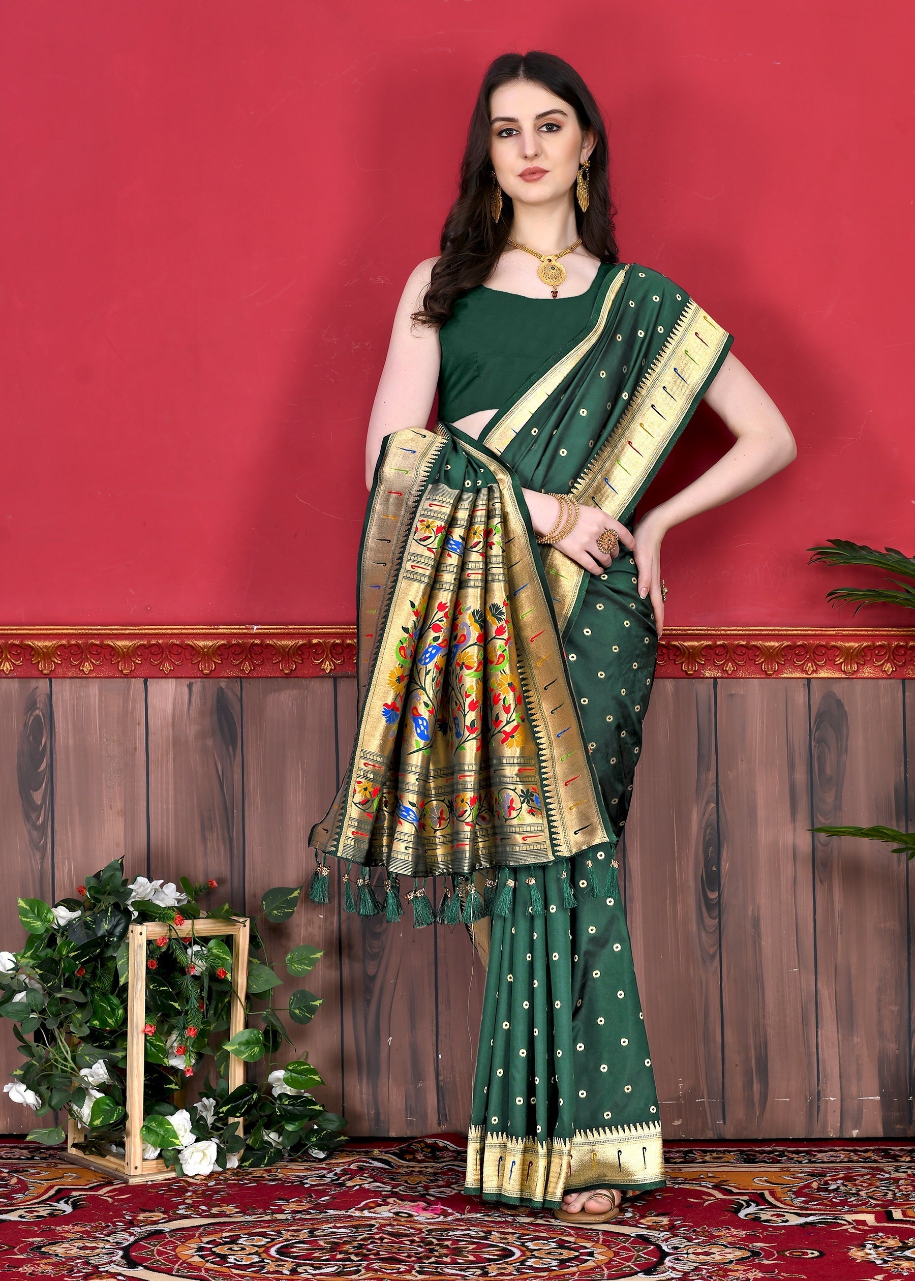 Vedant Vastram Soft Litchi Silk Paithani Silk Saree - Bottle Green - Distacart