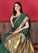 Vedant Vastram Soft Litchi Silk Paithani Silk Saree - Bottle Green - Distacart