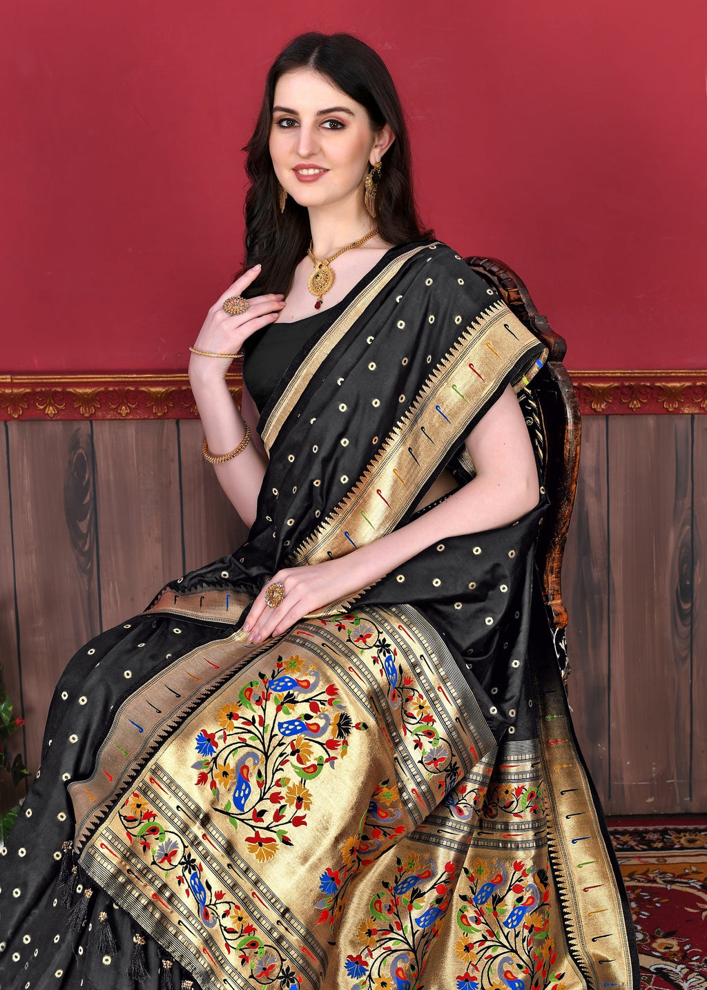 Vedant Vastram Soft Litchi Silk Paithani Silk Saree - Black - Distacart
