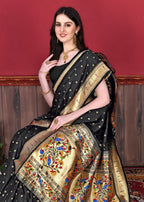 Vedant Vastram Soft Litchi Silk Paithani Silk Saree - Black - Distacart