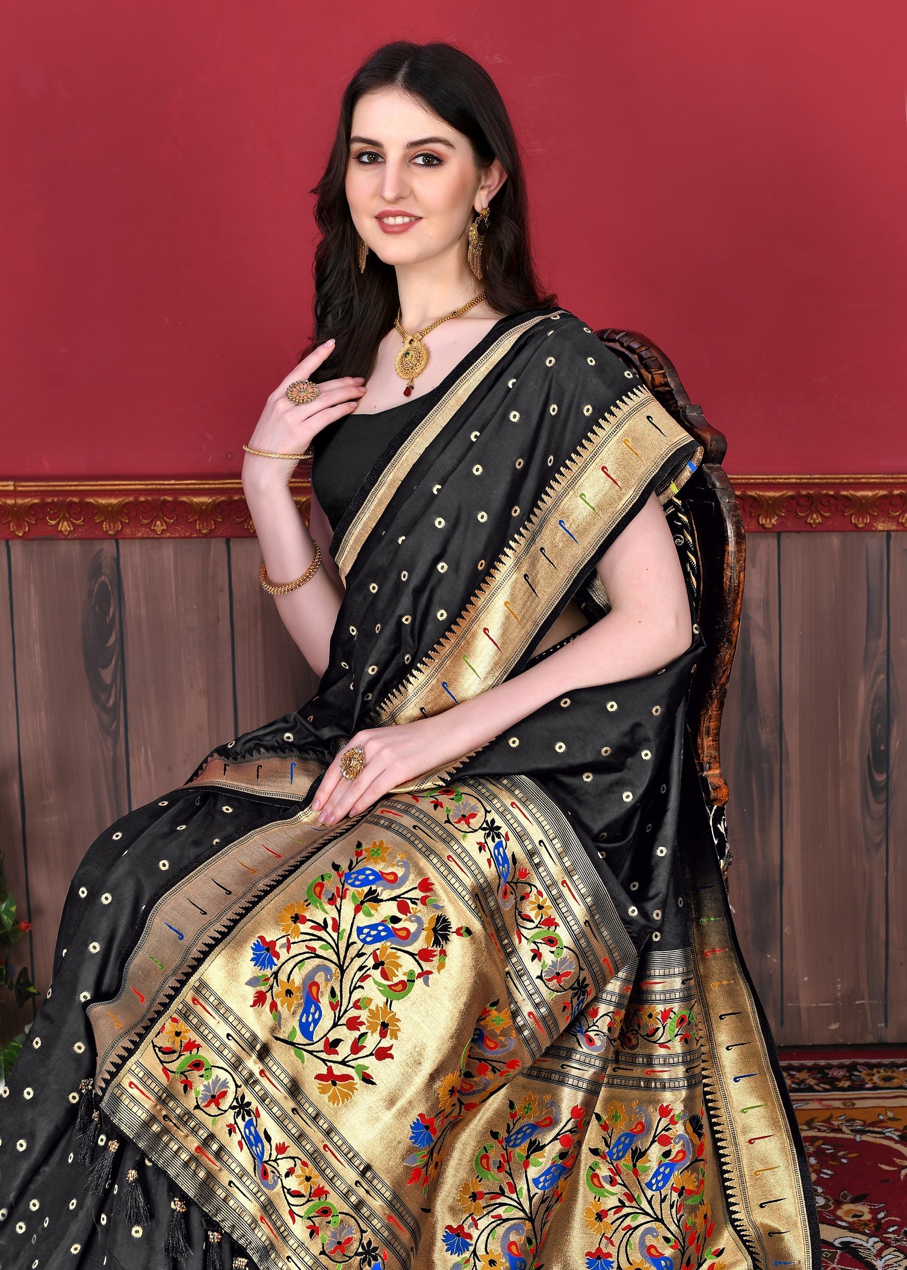 Vedant Vastram Soft Litchi Silk Paithani Silk Saree - Black - Distacart