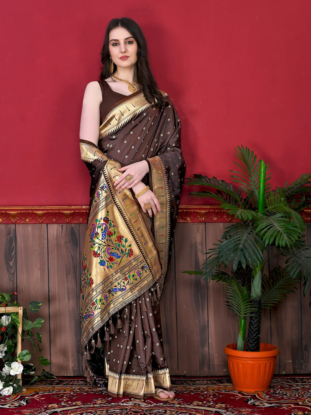 Vedant Vastram Soft Litchi Silk Paithani Silk Saree - Brown - Distacart