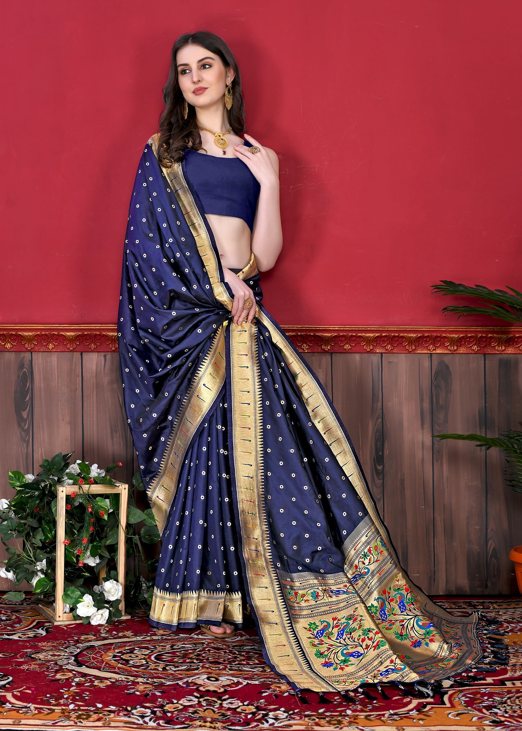 Vedant Vastram Soft Litchi Silk Paithani Silk Saree - Navy - Distacart