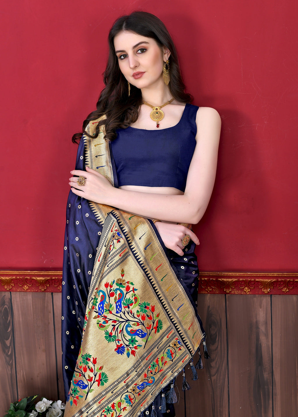Vedant Vastram Soft Litchi Silk Paithani Silk Saree - Navy - Distacart