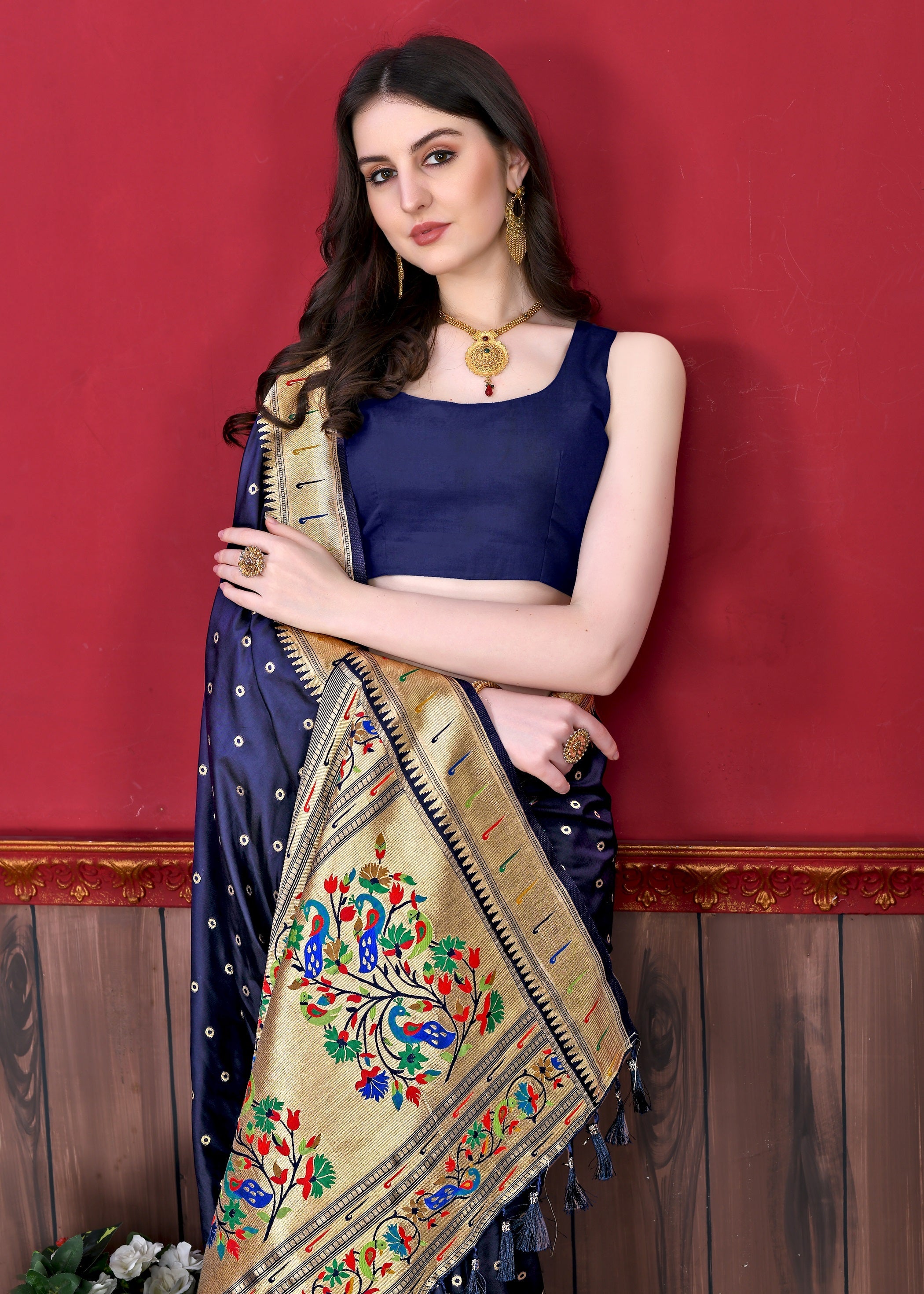 Vedant Vastram Soft Litchi Silk Paithani Silk Saree - Navy - Distacart