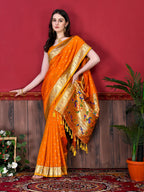 Vedant Vastram Soft Litchi Silk Paithani Silk Saree - Orange - Distacart
