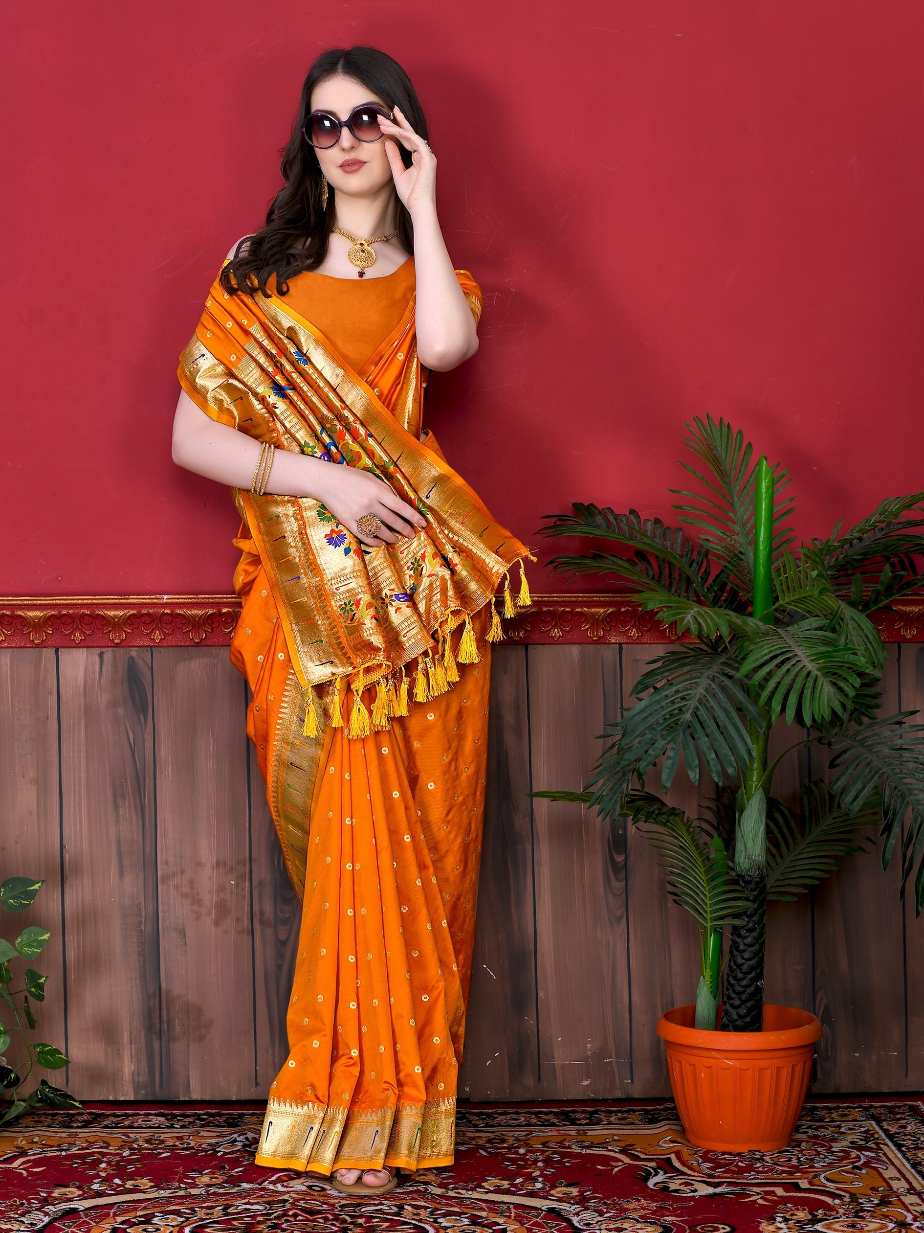 Vedant Vastram Soft Litchi Silk Paithani Silk Saree - Orange - Distacart