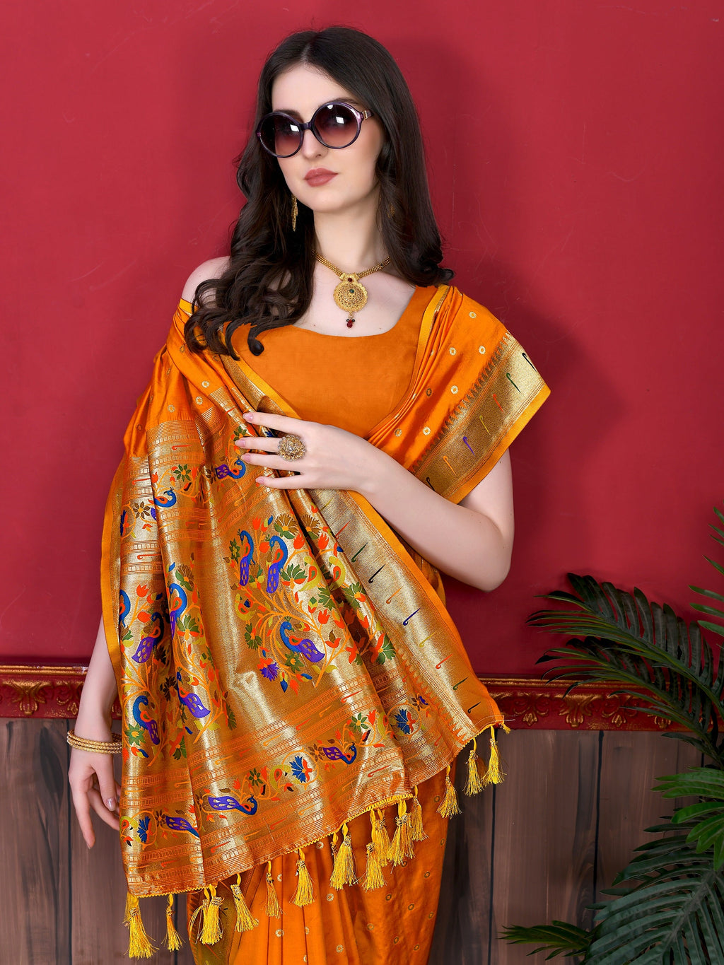 Vedant Vastram Soft Litchi Silk Paithani Silk Saree - Orange - Distacart