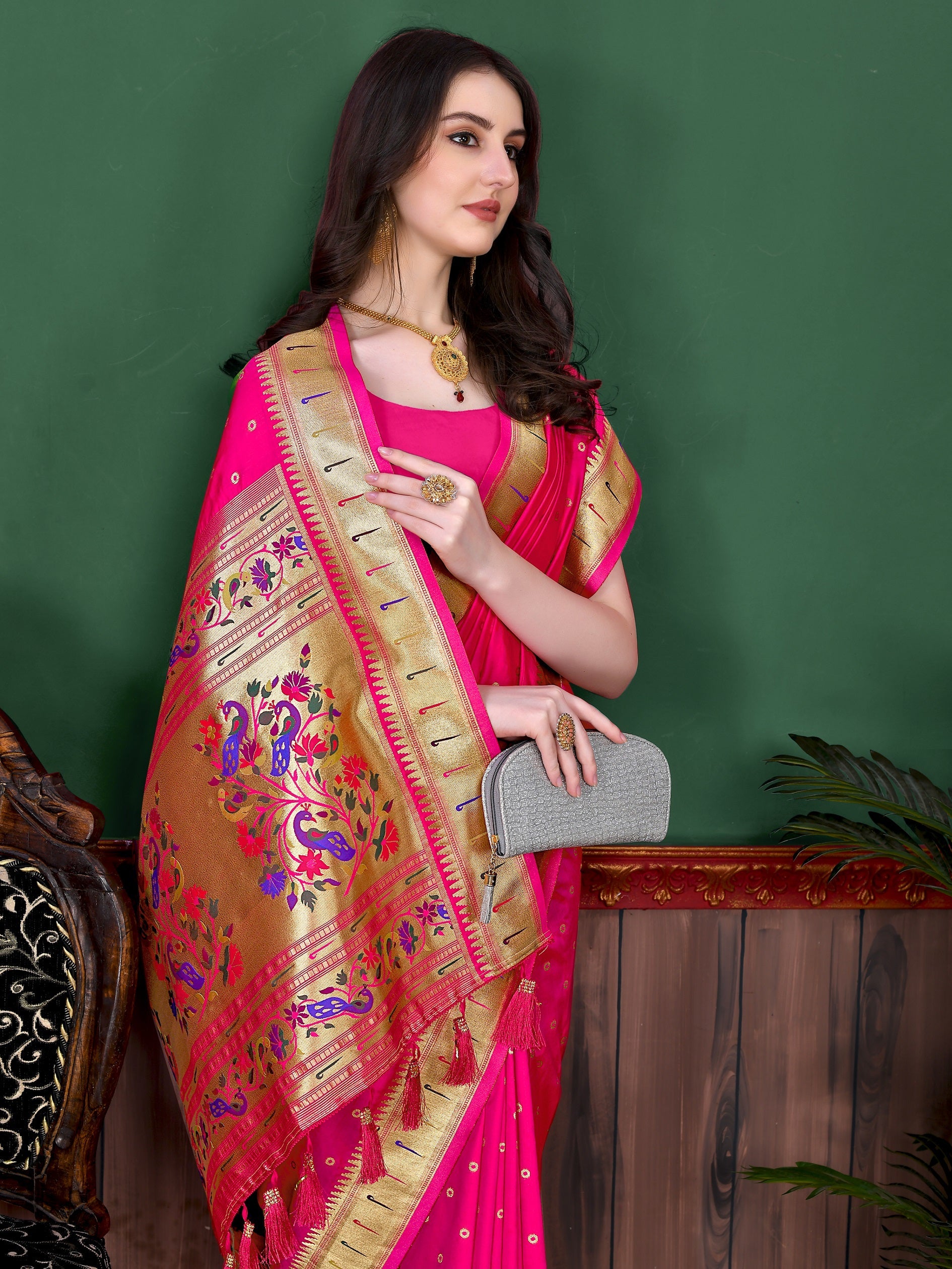 Vedant Vastram Soft Litchi Silk Paithani Silk Saree - Pink - Distacart