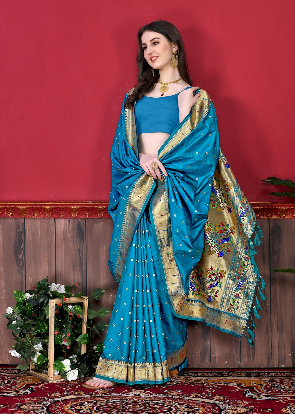Vedant Vastram Soft Litchi Silk Paithani Silk Saree - Rama - Distacart