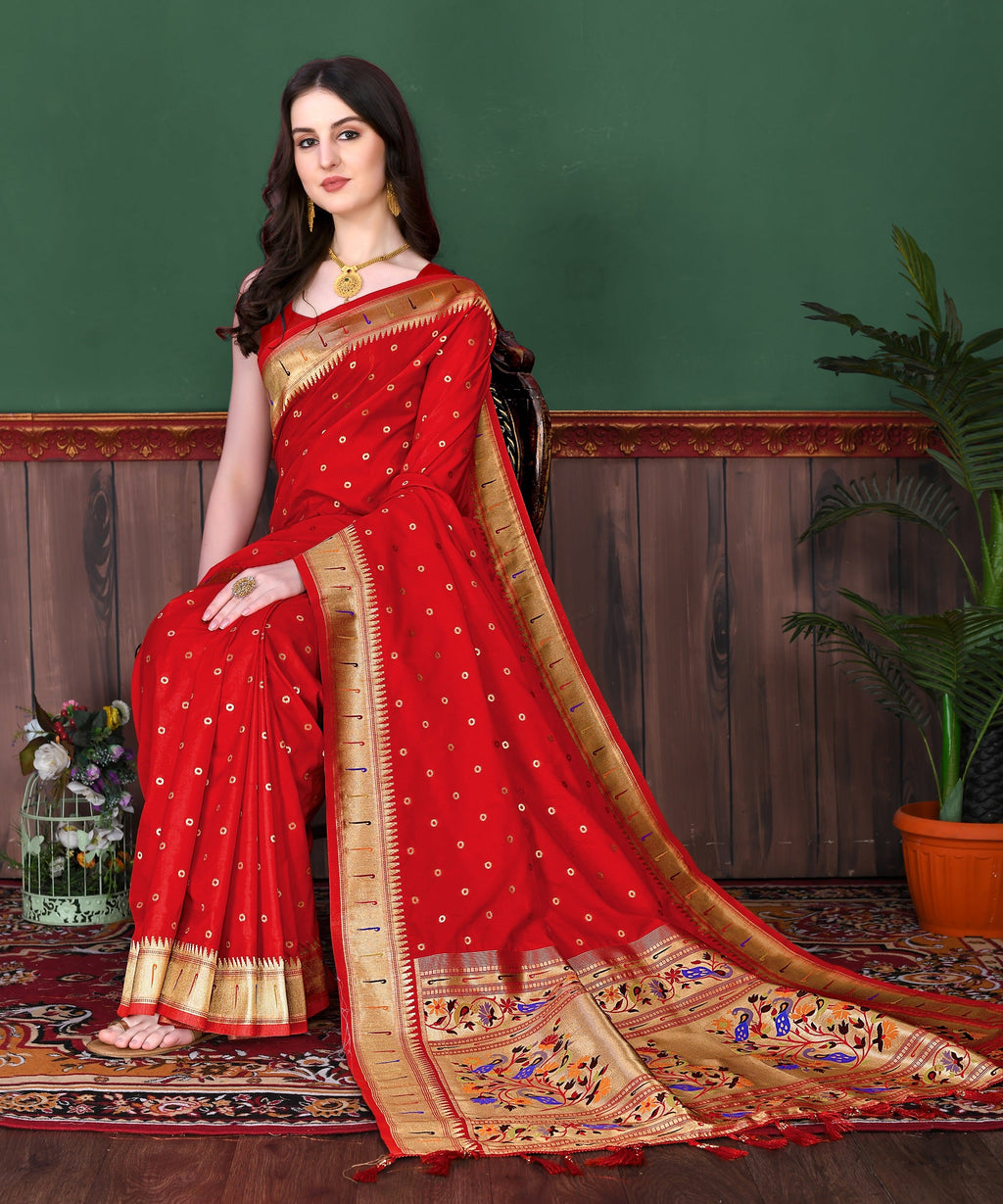 Vedant Vastram Soft Litchi Silk Paithani Silk Saree - Red - Distacart