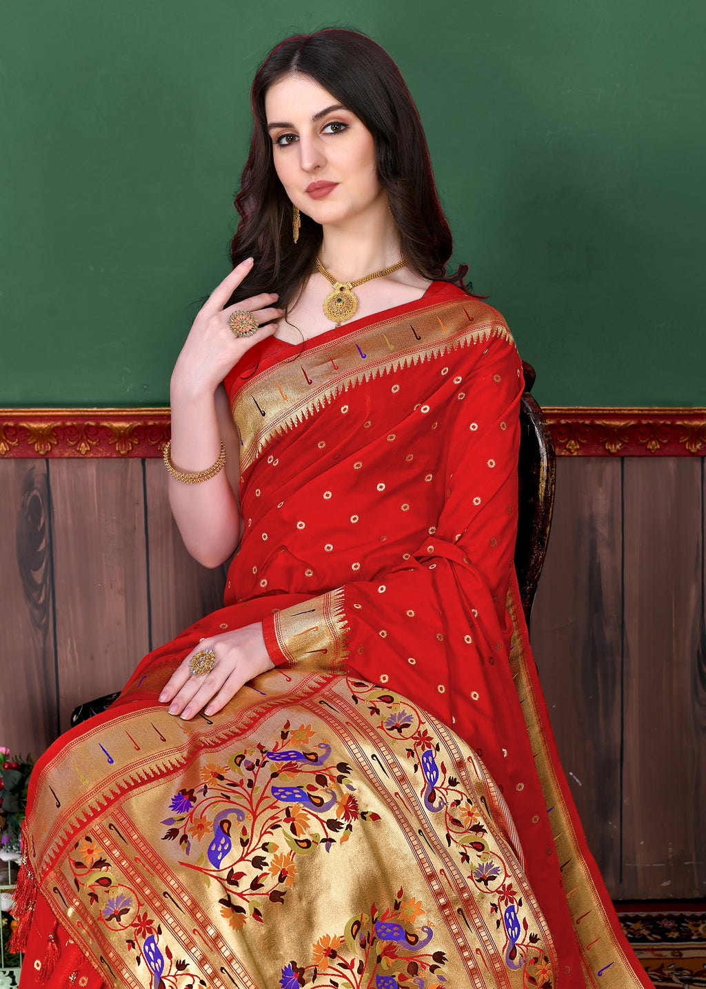 Vedant Vastram Soft Litchi Silk Paithani Silk Saree - Red - Distacart